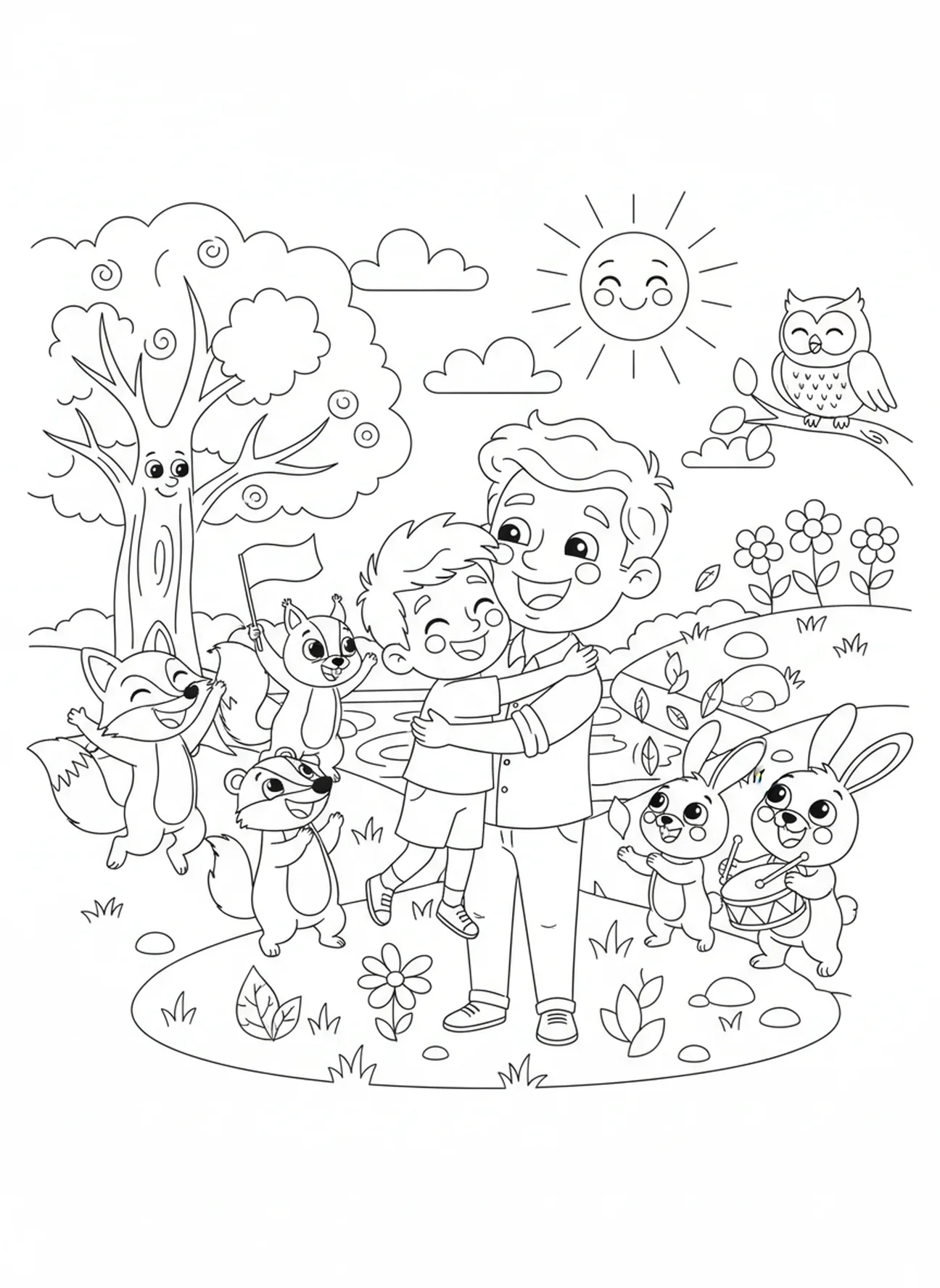 Familienfeier, Ausmalbild vom verlorenen Sohn, der die Schweine füttert, für Kinder im Alter von 5-10 Jahren.