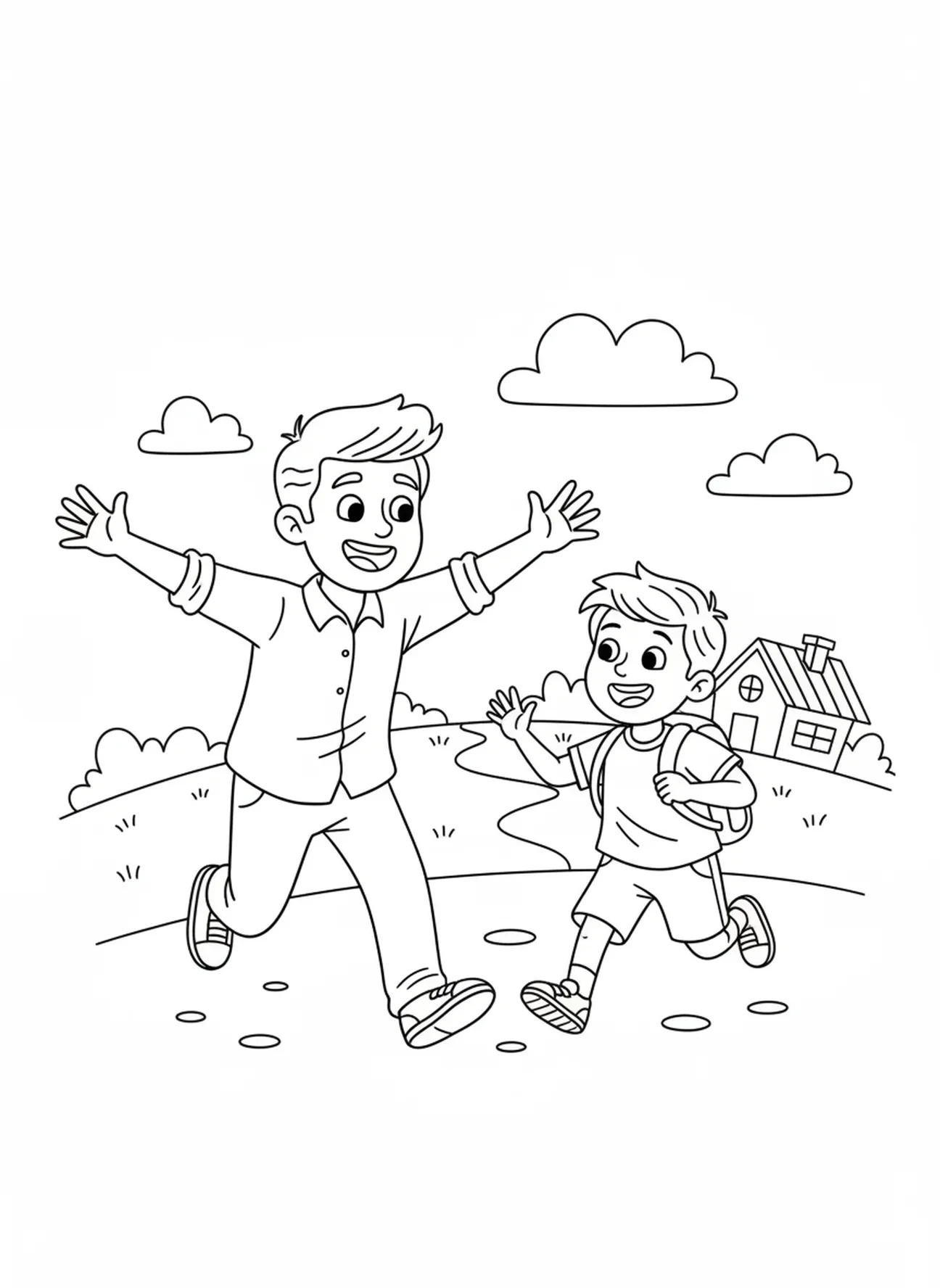 Vater begrüßt seinen Sohn, Malvorlage zum verlorenen Sohn, der Schweine füttert, für Kinder im Alter von 5-10 Jahren.