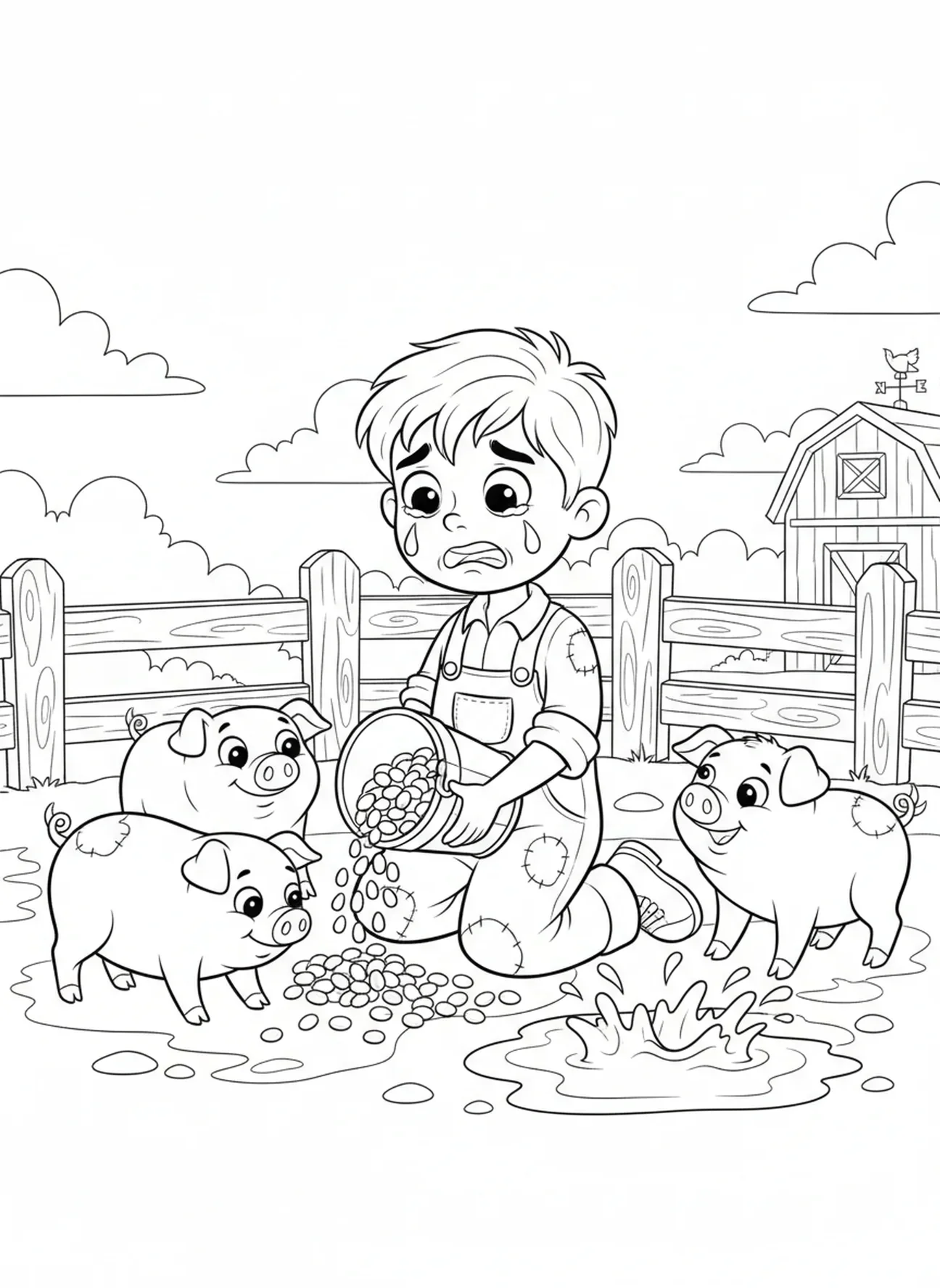 Junger Sohn füttert Schweine, Ausmalbild vom verlorenen Sohn für Kinder im Alter von 5-10 Jahren.