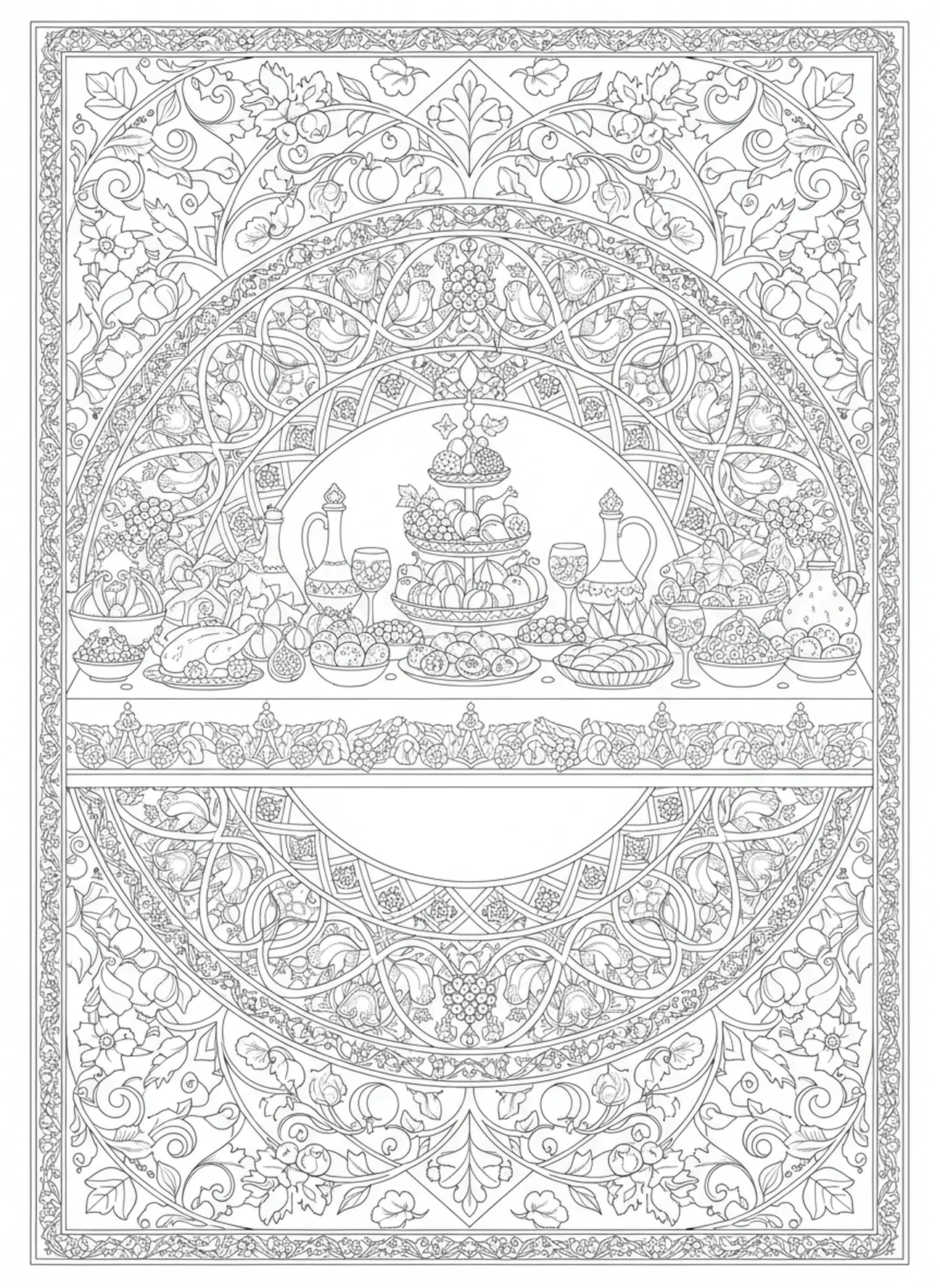 Celebração de grande festa, página para colorir do Filho Pródigo no estilo de journaling bíblico para adultos.