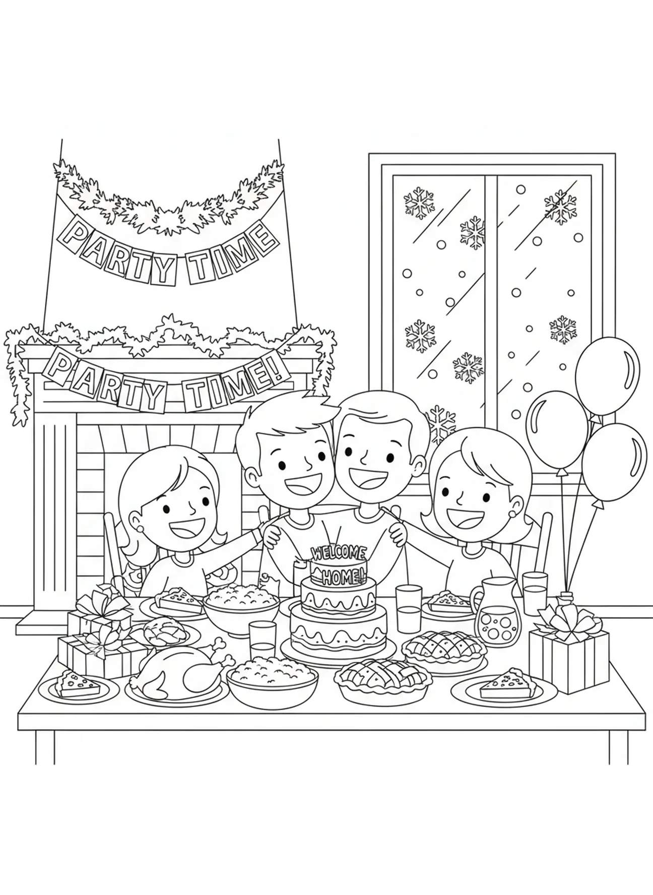Mesa festiva de celebración, página para colorear del Hijo Pródigo para niños de 5 a 10 años