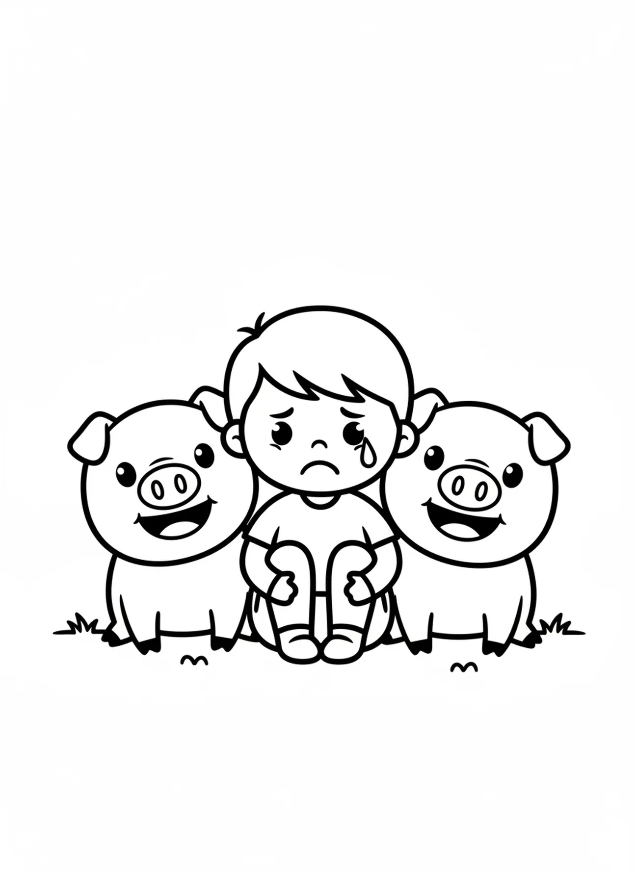 Fils triste avec des cochons, page à colorier du Fils prodigue pour les enfants d'âge préscolaire de 3 à 5 ans