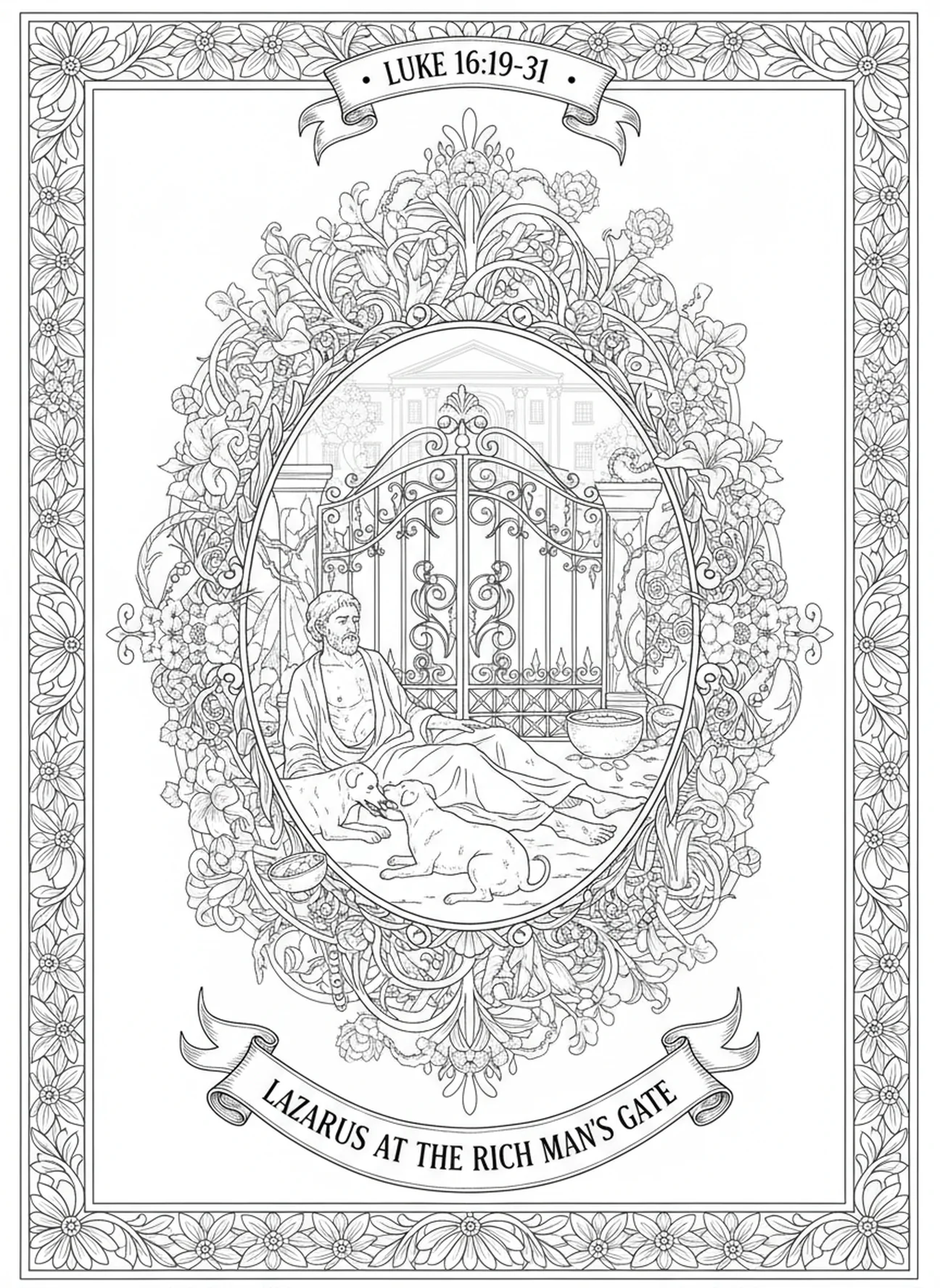 Lázaro na porta do rico, página para colorir Lázaro e o Rico para adultos no estilo de journaling bíblico