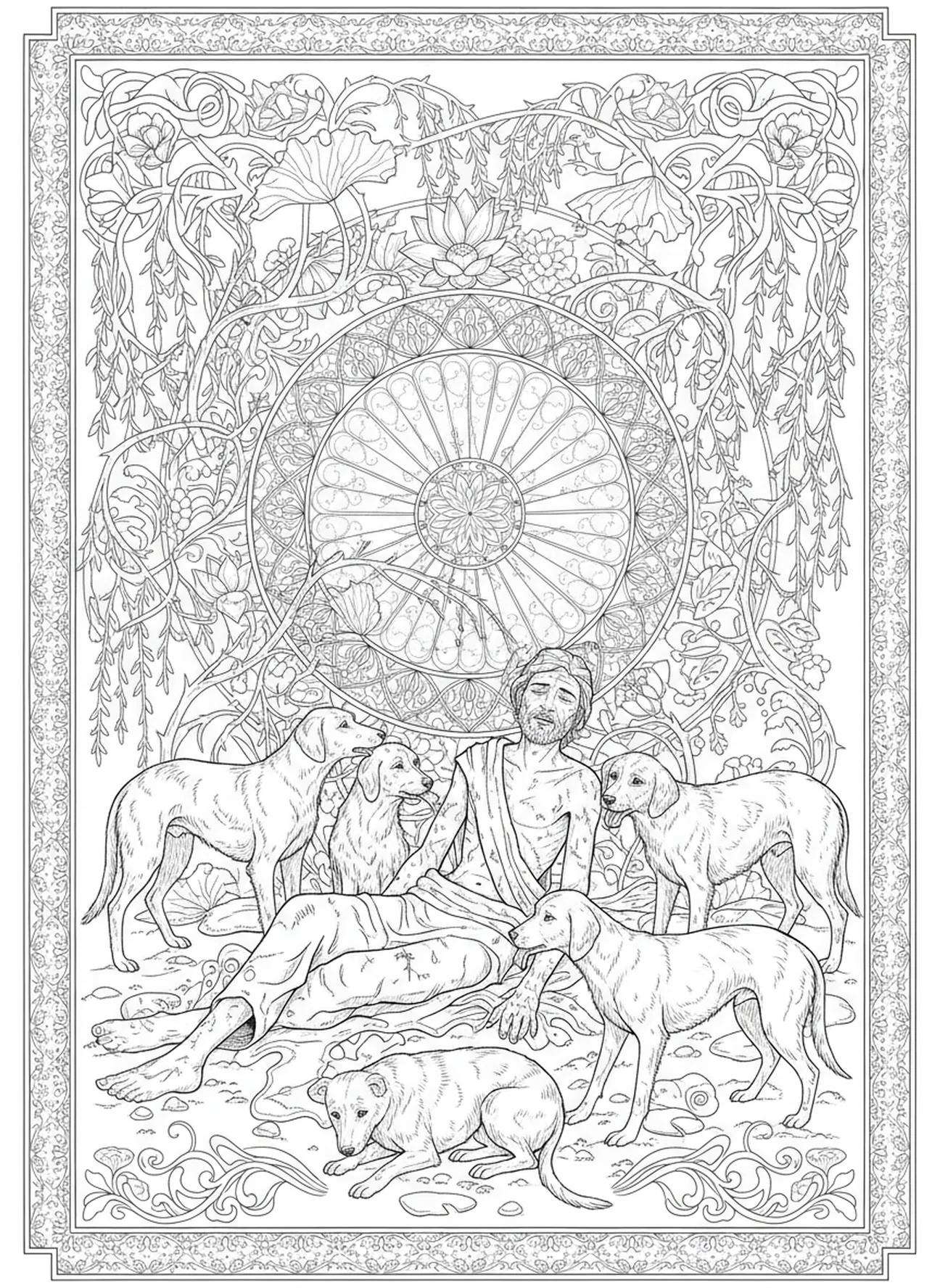 Lázaro cercado por cães, página para colorir do Rico e Lázaro no estilo de journaling bíblico para adultos