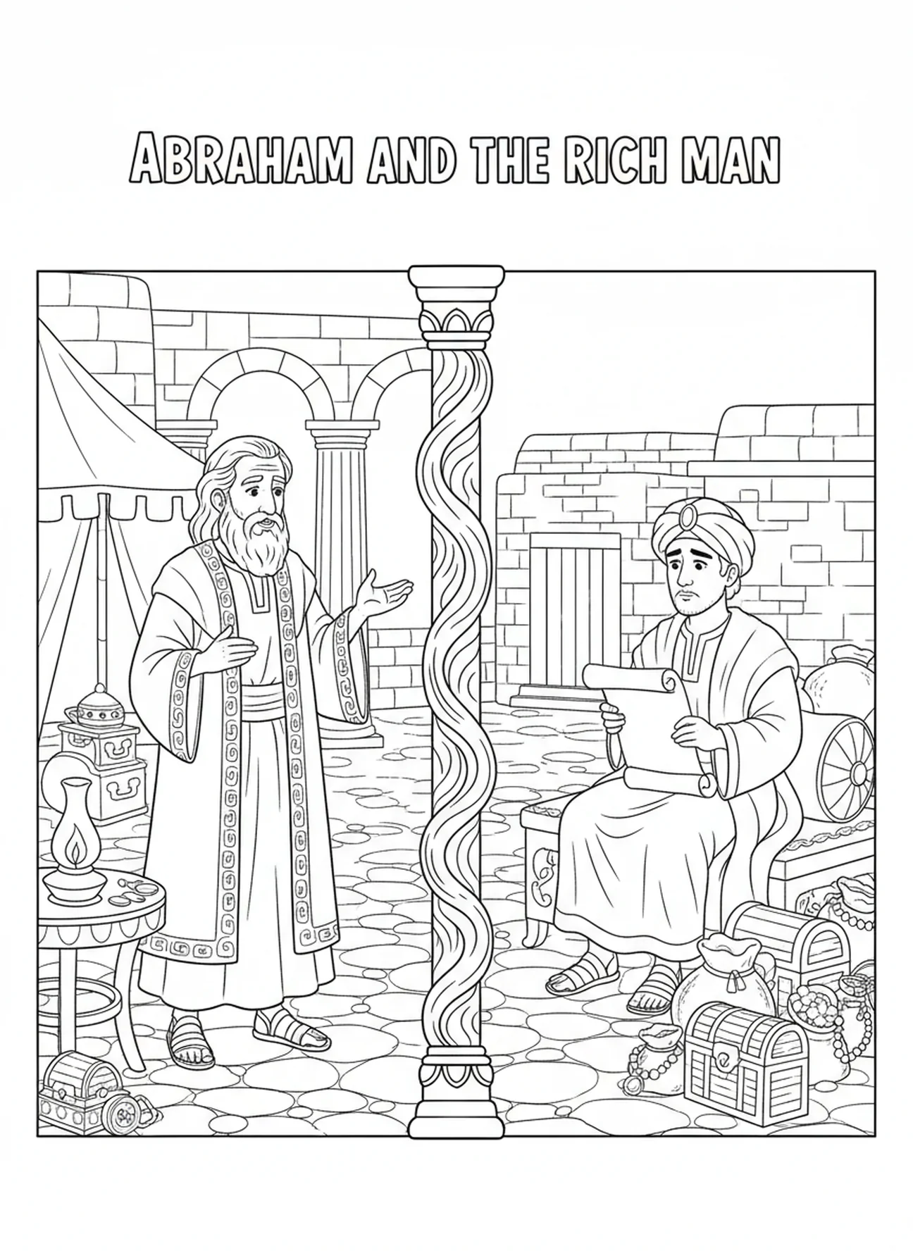 Abraham spricht mit dem reichen Mann, Ausmalbild über den reichen Mann und Lazarus für die Sonntagsschule für Kinder im Alter von 5-12 Jahren.