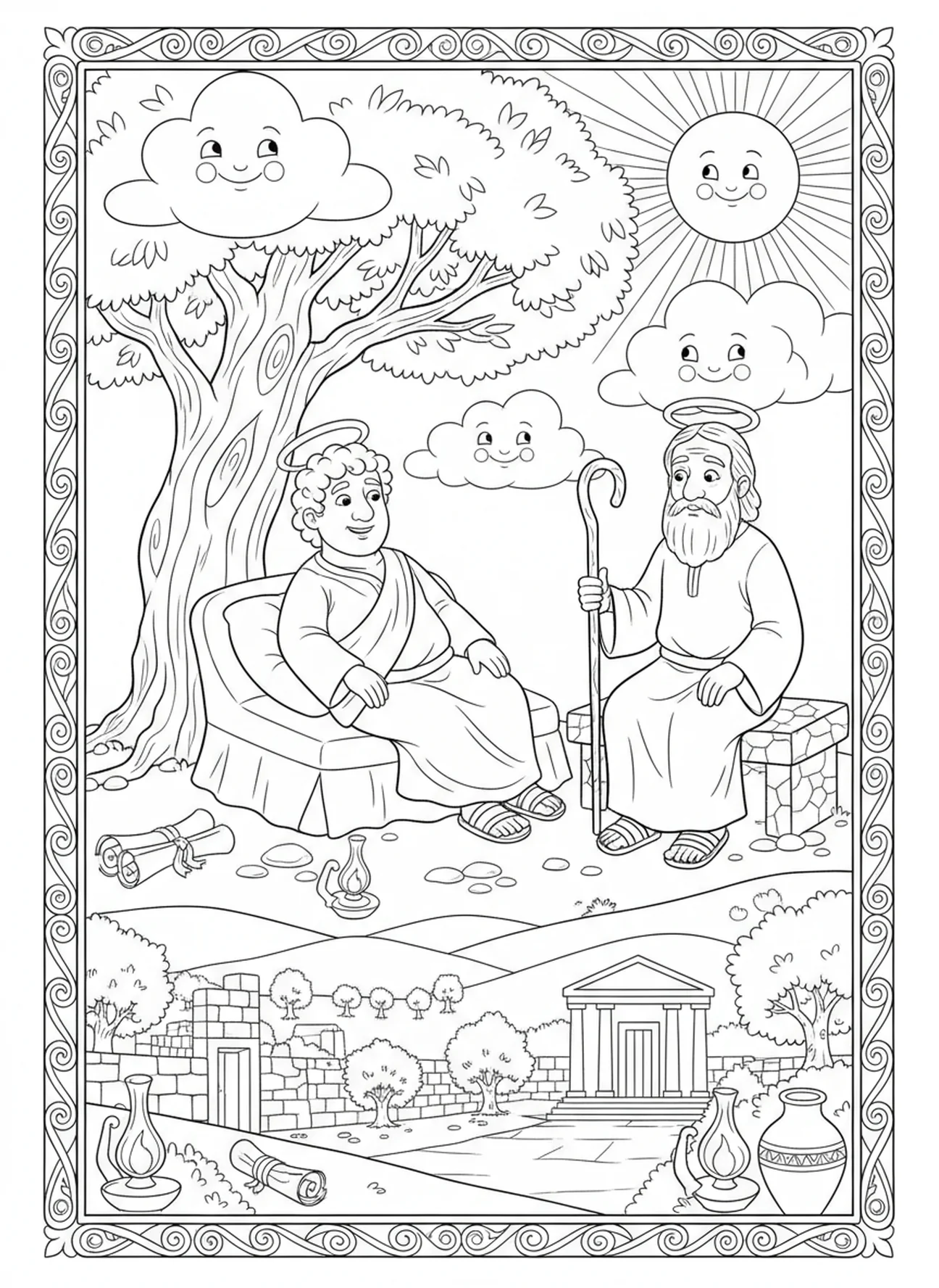 Lazarus ruht mit Abraham, Ausmalbild für die Sonntagsschule für Kinder im Alter von 5-12 Jahren.
