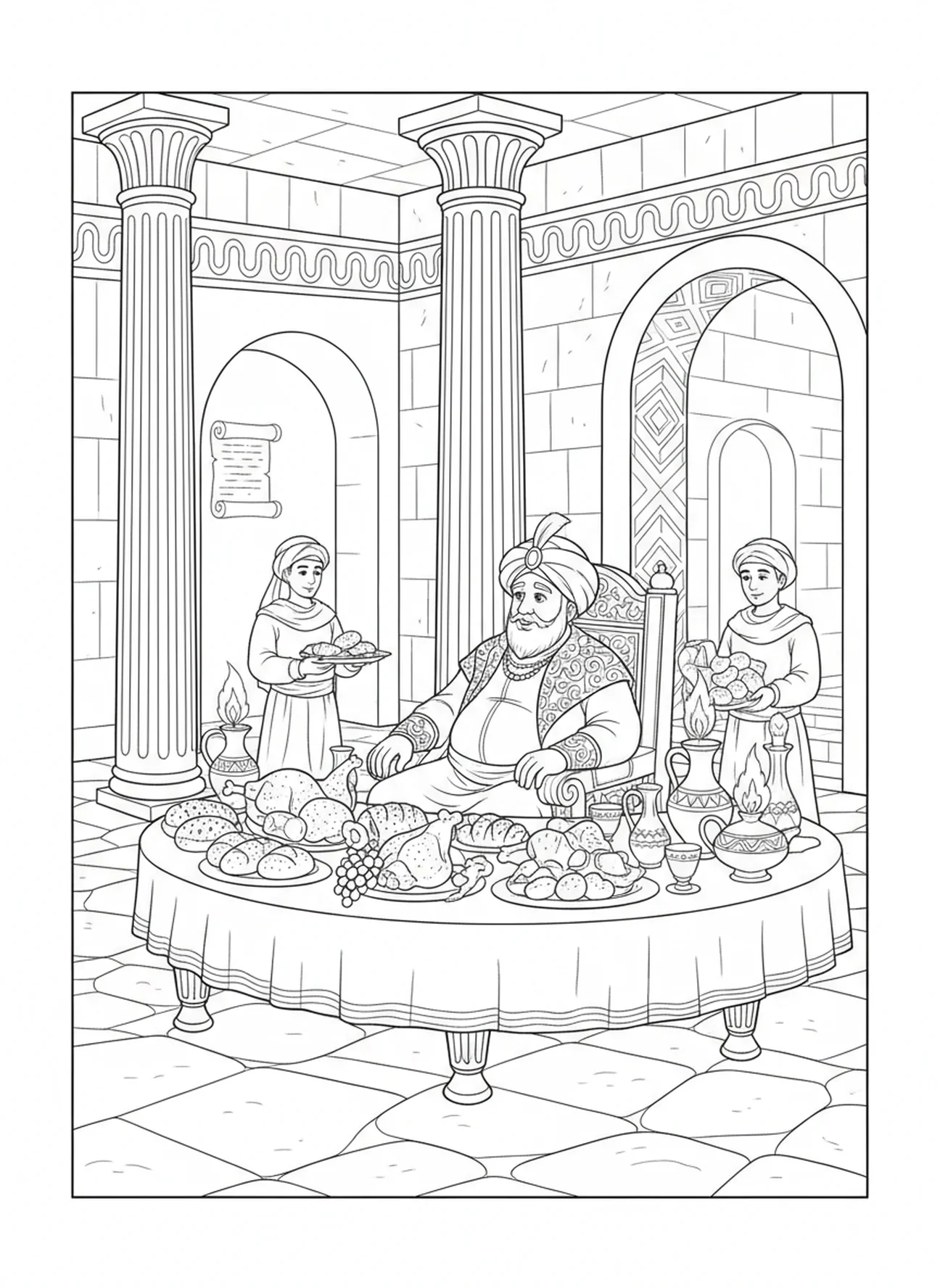 Reicher Mann, der in Luxus speist, Ausmalbild zum Thema Reicher Mann und Lazarus für Kinder in der Sonntagsschule im Alter von 5-12 Jahren.