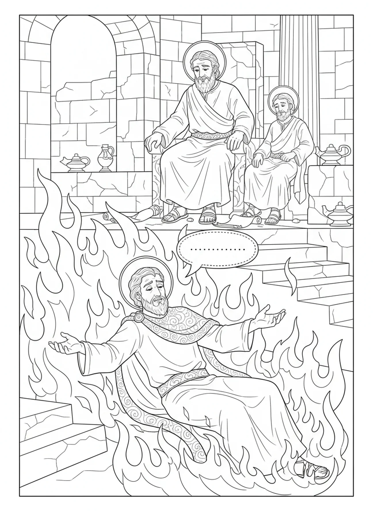 Reicher Mann, der aus Qual fleht, Ausmalbild Reicher Mann und Lazarus für Sonntagsschulkinder im Alter von 5-12 Jahren.