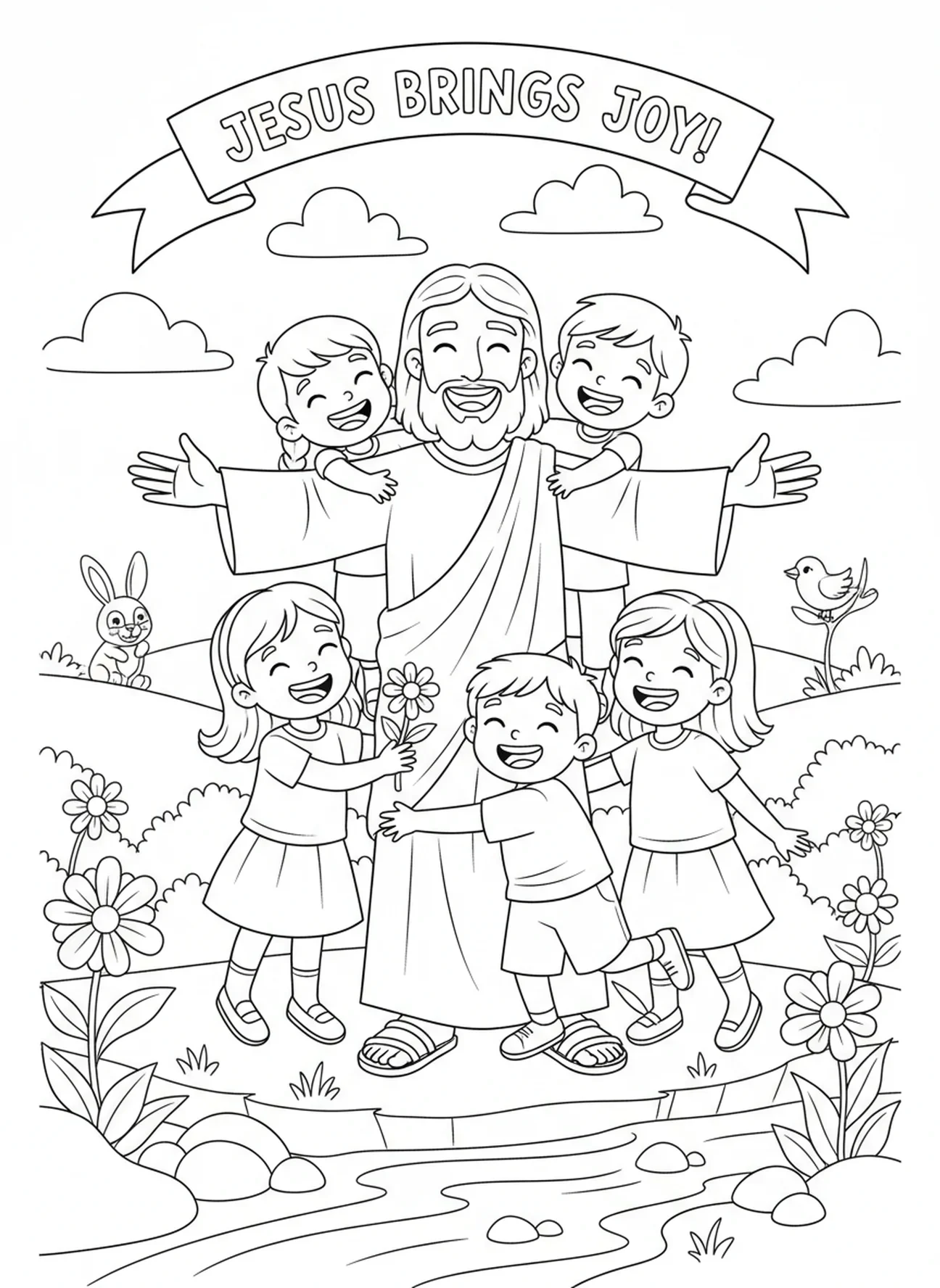 Jezus die glimlacht met kinderen, kleurplaat van de Rijke Jongeman voor kinderen van 5-10 jaar