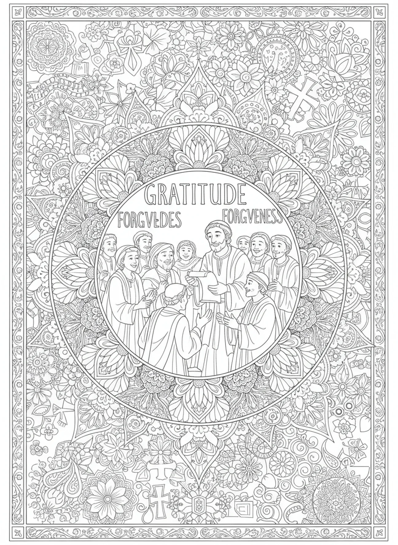 Deudores agradeciendo al gerente, página para colorear del Administrador Astuto en estilo de journaling bíblico para adultos.