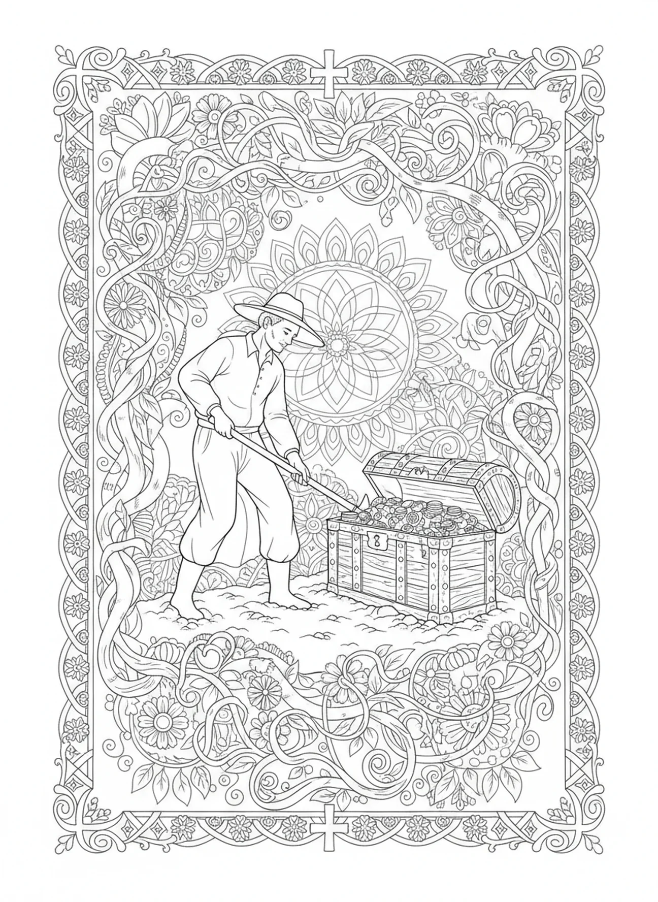 Agricultor desenterrando um tesouro enterrado, página para colorir Tesouro no Campo para adultos no estilo de journaling bíblico