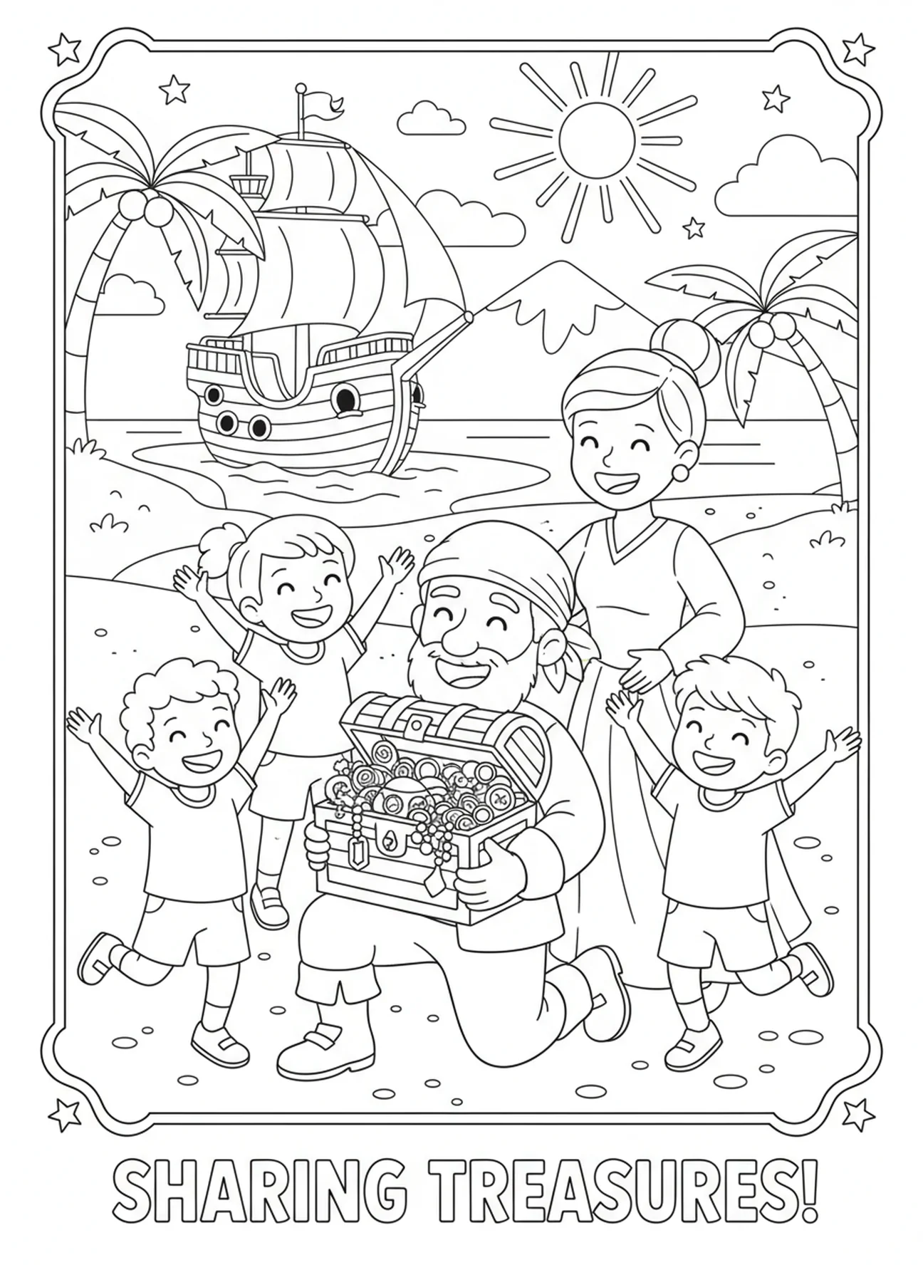 Familia feliz compartiendo tesoros, página para colorear Tesoro en el Campo para niños de 5 a 10 años