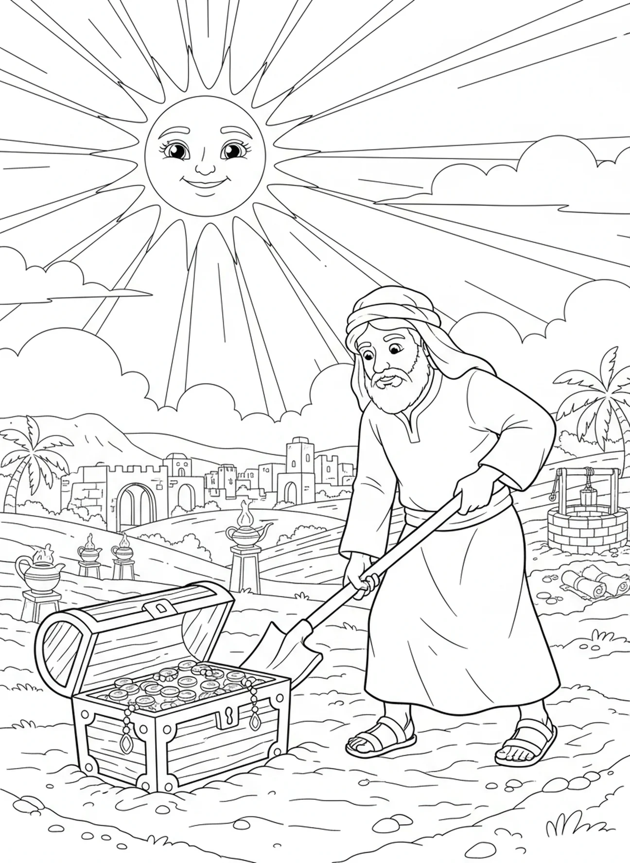 Agriculteur utilisant une pelle pour creuser, page à colorier Trésor dans le Champ pour les enfants de catéchisme âgés de 5 à 12 ans