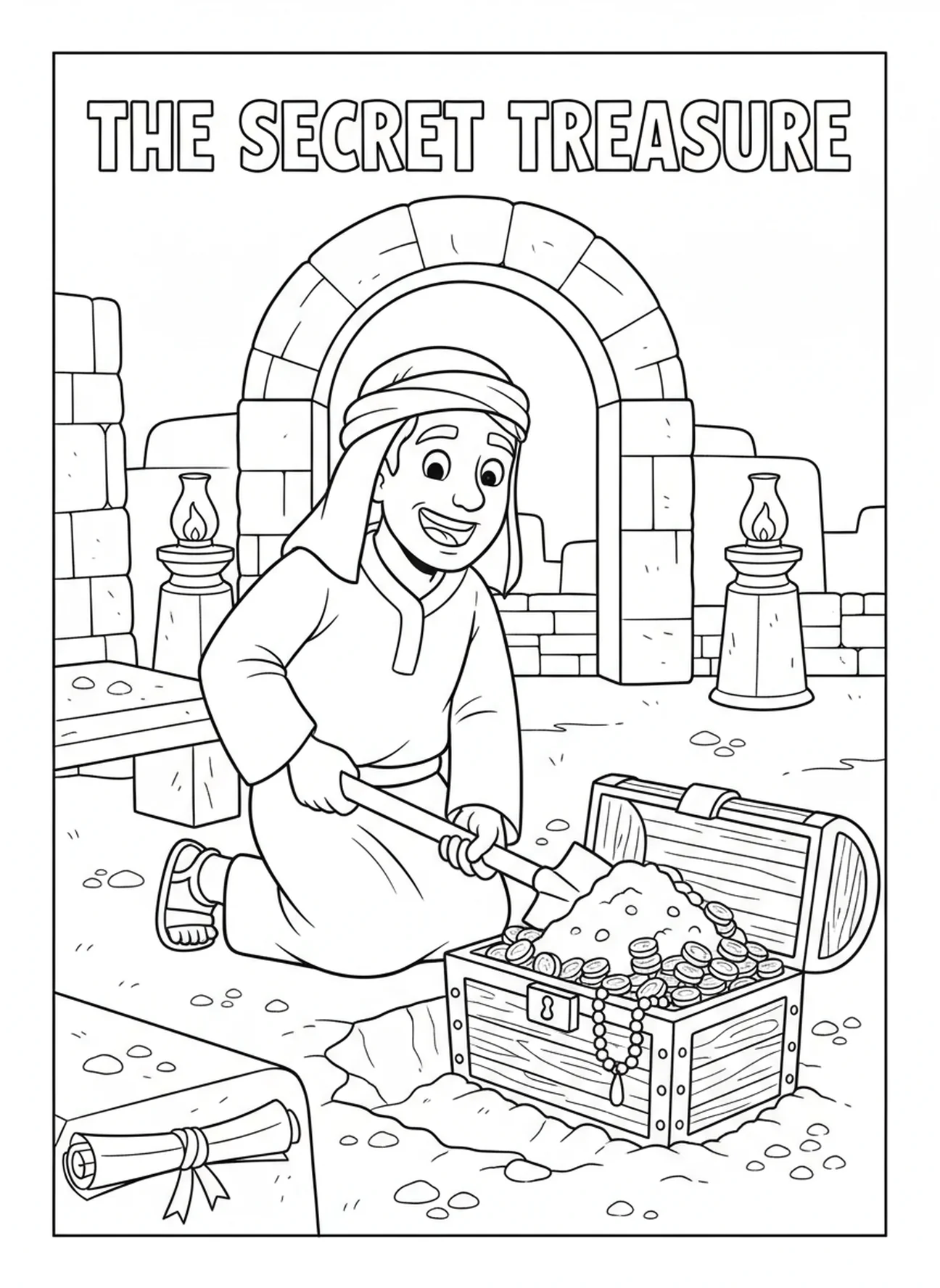 Agriculteur couvrant un coffre au trésor, page à colorier Trésor dans le Champ pour les enfants de l'École du dimanche âgés de 5 à 12 ans