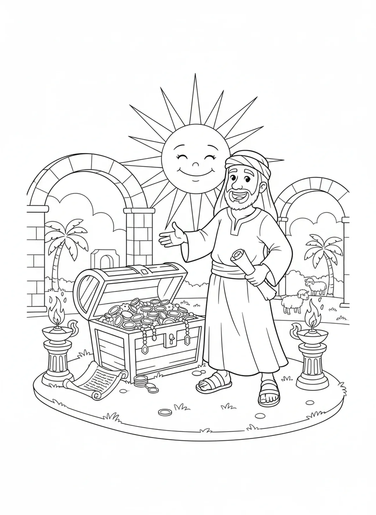 Agriculteur heureux à côté d'un coffre au trésor, page à colorier Trésor dans le Champ pour les enfants de l'École du dimanche âgés de 5 à 12 ans