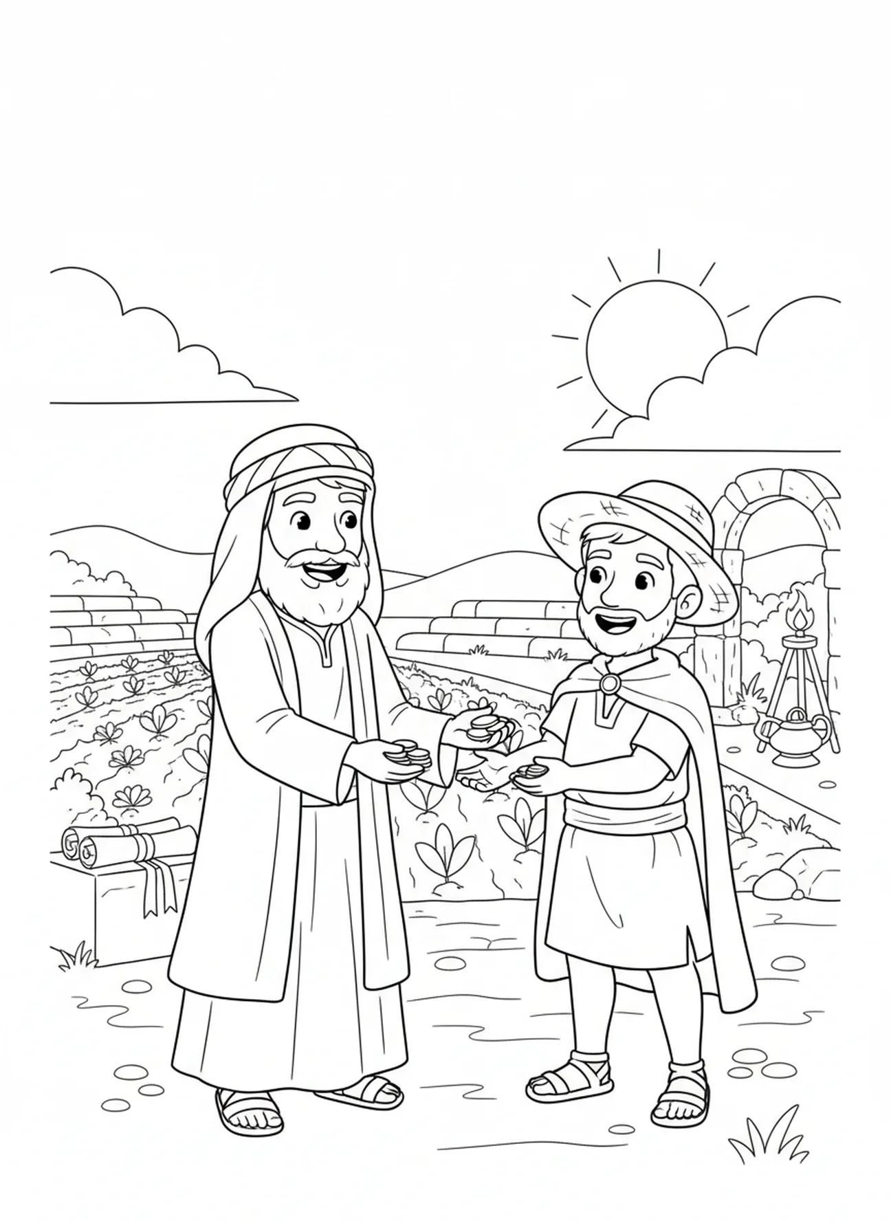 Marchand remettant des pièces au fermier, page à colorier Trésor dans le Champ pour les enfants de l'École du dimanche âgés de 5 à 12 ans