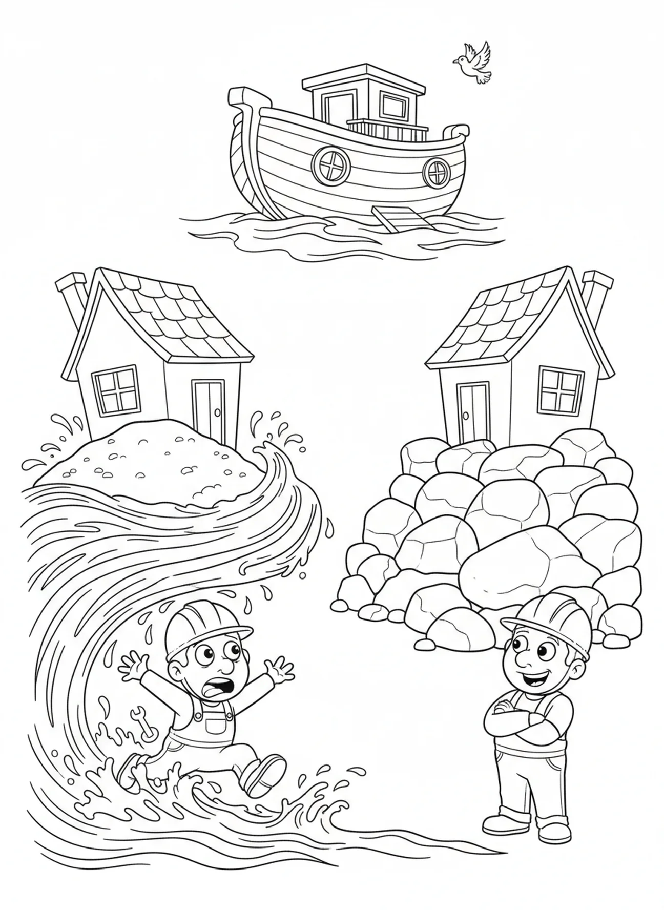 Wasser steigt um das Haus auf Sand, Malvorlage für Kinder von 5-10 Jahren: Die beiden Bauherren und ihre Häuser auf Fels und Sand