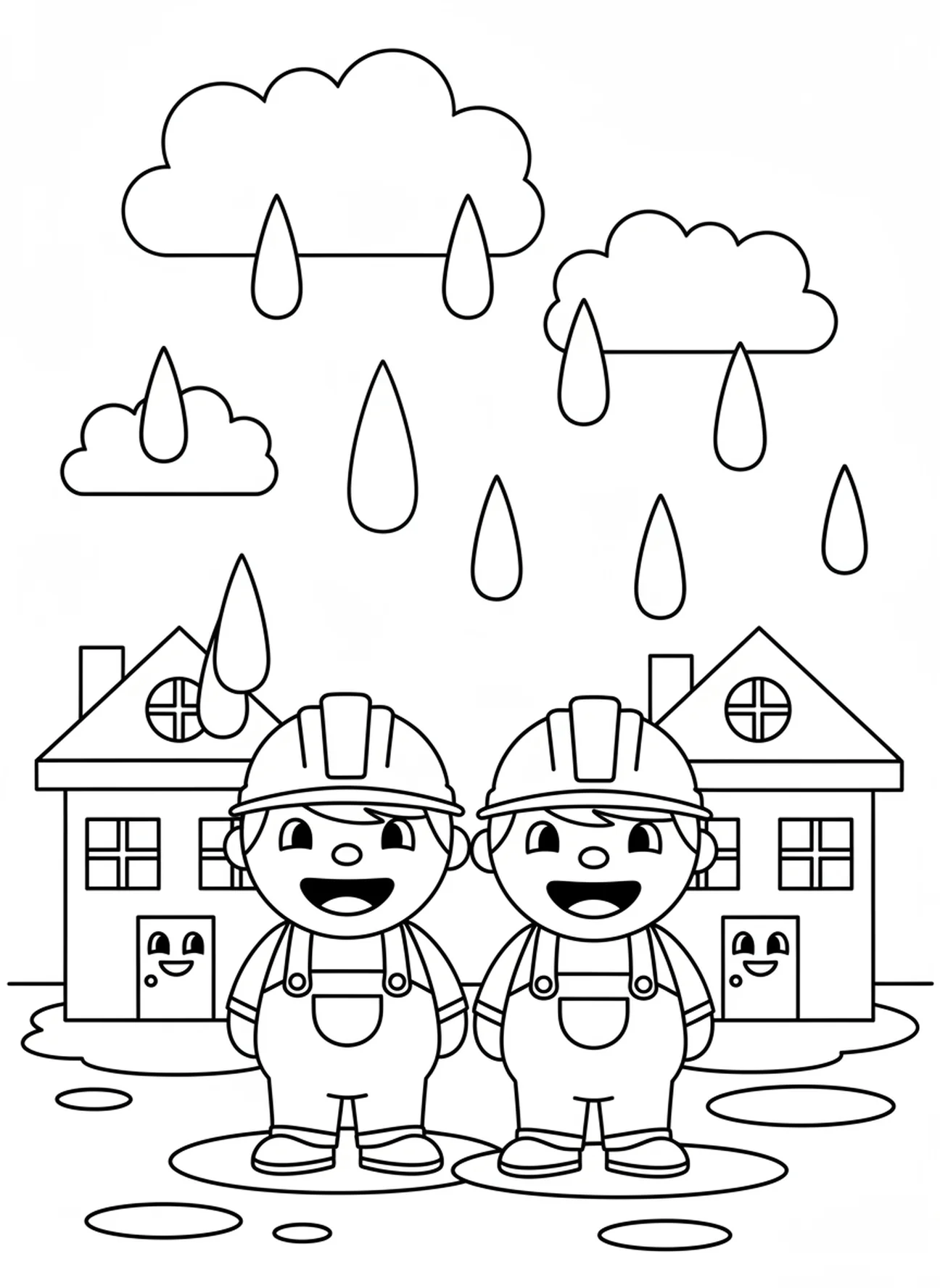 Bauarbeiter beobachten den Regen, Ausmalbild von zwei Bauarbeitern und einem Haus aus Stein für Vorschulkinder im Alter von 3-5 Jahren