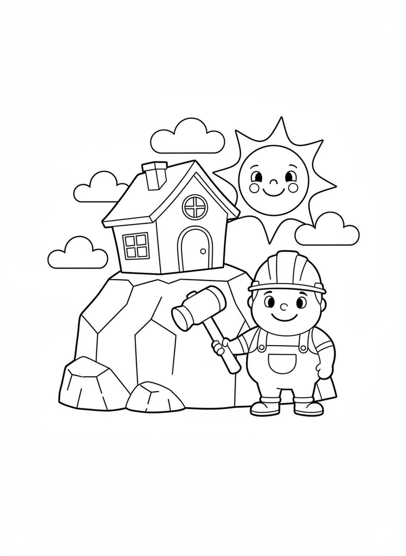 Haus auf dem Felsen, Malvorlage für die zwei Bauherren für Vorschulkinder im Alter von 3-5 Jahren