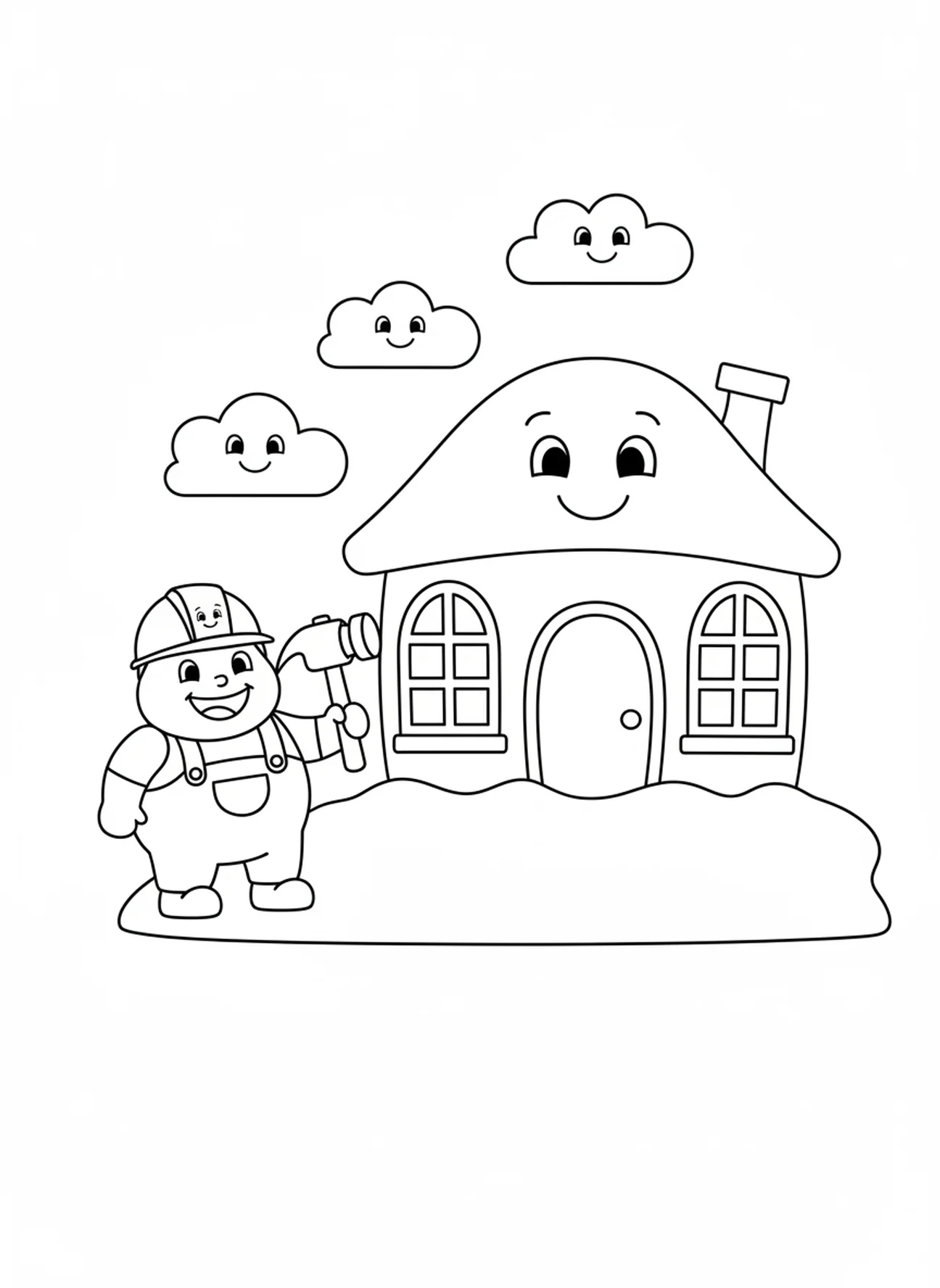 Haus auf Sand, Malvorlage für die zwei Bauherren für Vorschulkinder im Alter von 3-5 Jahren