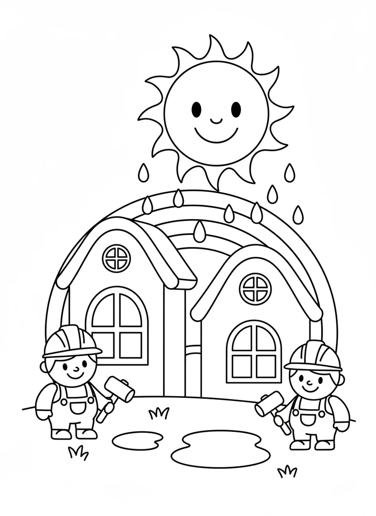 Häuser, die stark stehen, Malvorlage vom Haus der zwei Bauherren für Vorschulkinder im Alter von 3-5 Jahren