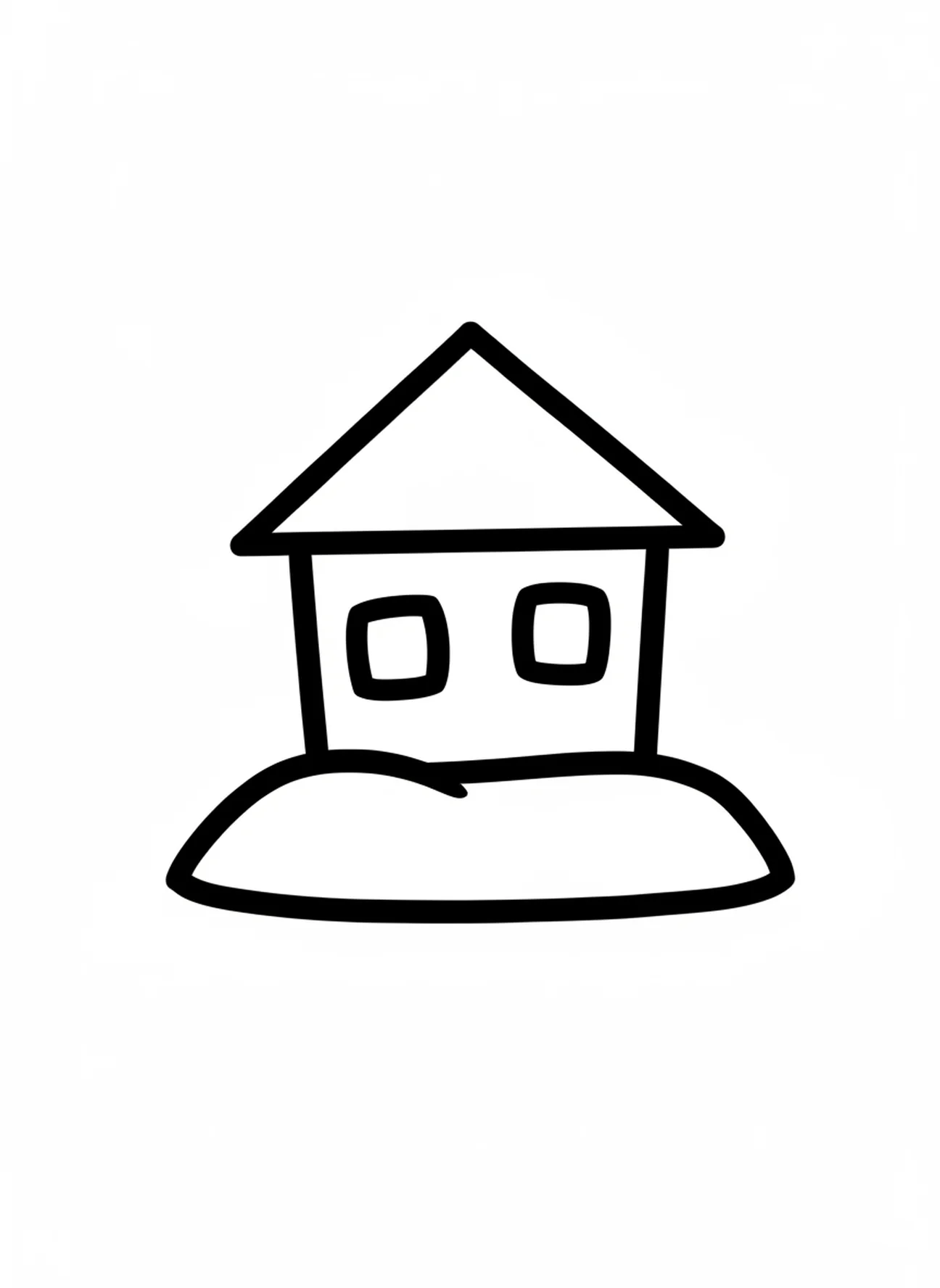 Casa grande sobre un montículo de arena, página para colorear de la casa de los dos constructores para niños de 2 a 3 años