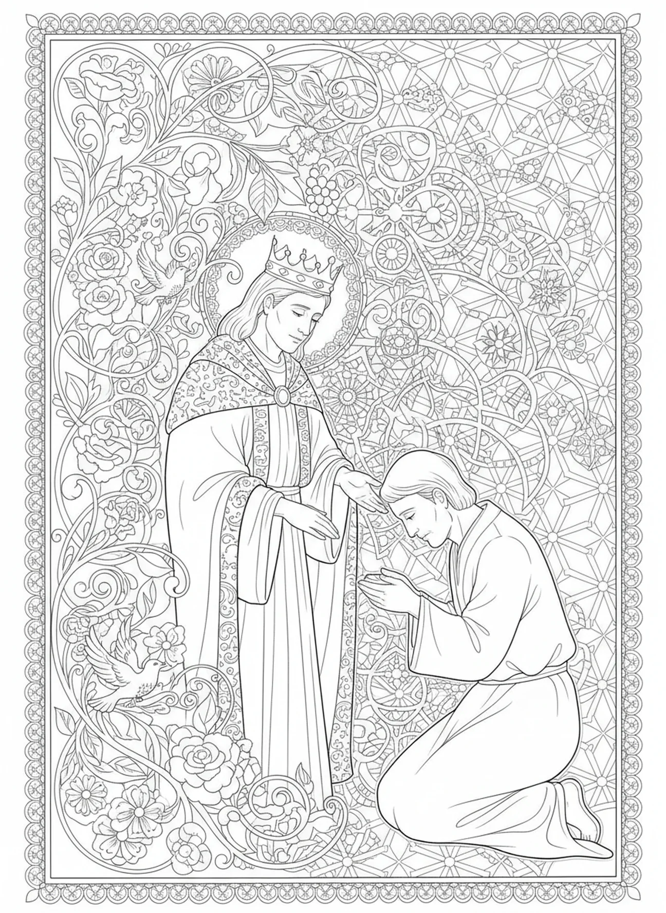 Nachdenkliche Szene von König und Diener, Ausmalbild des unbarmherzigen Dieners für Erwachsene im Bibel-Journaling-Stil
