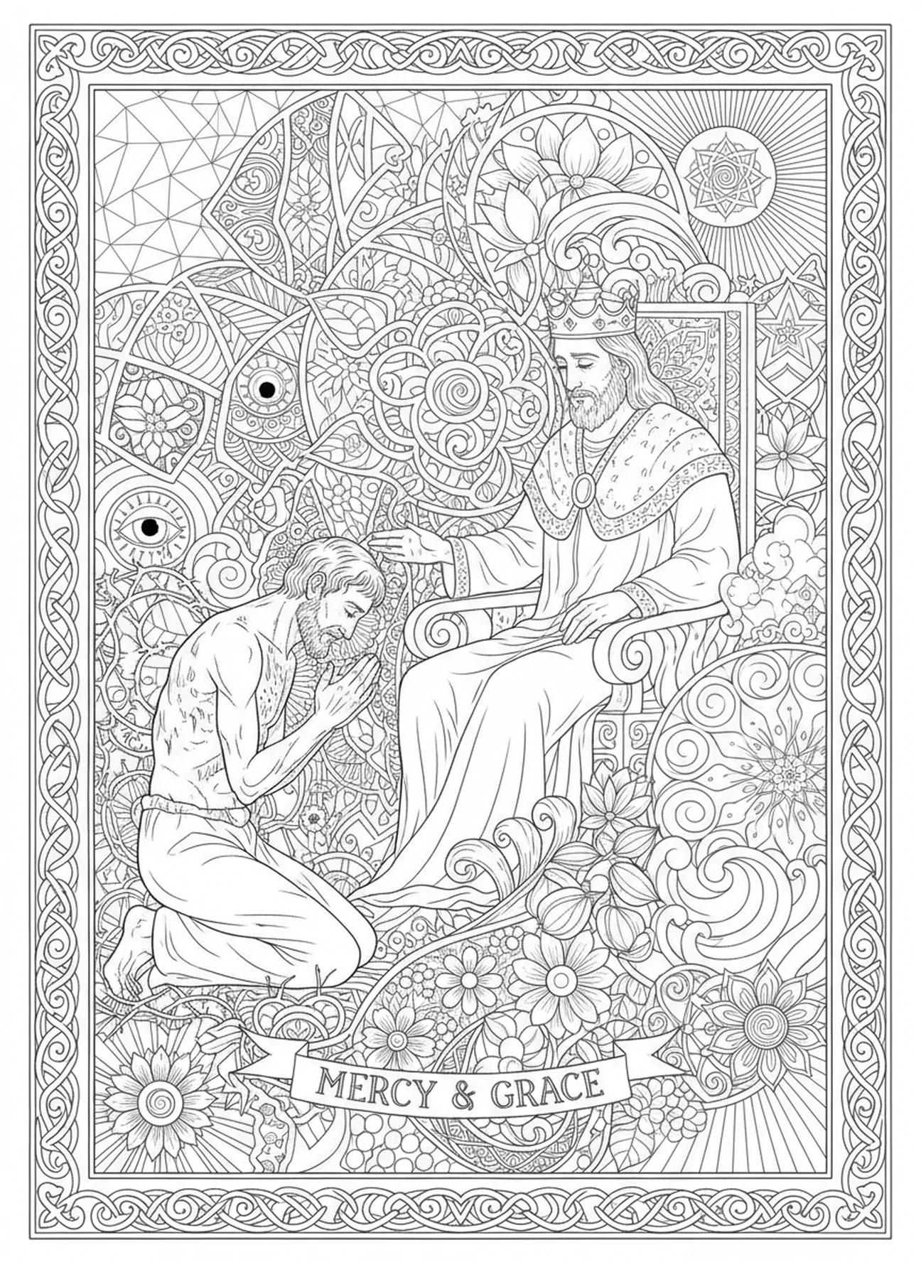 Angespanntes Dienstmädchen, Unbarmherziger Diener Malvorlage für Erwachsene im Bibel-Journaling-Stil