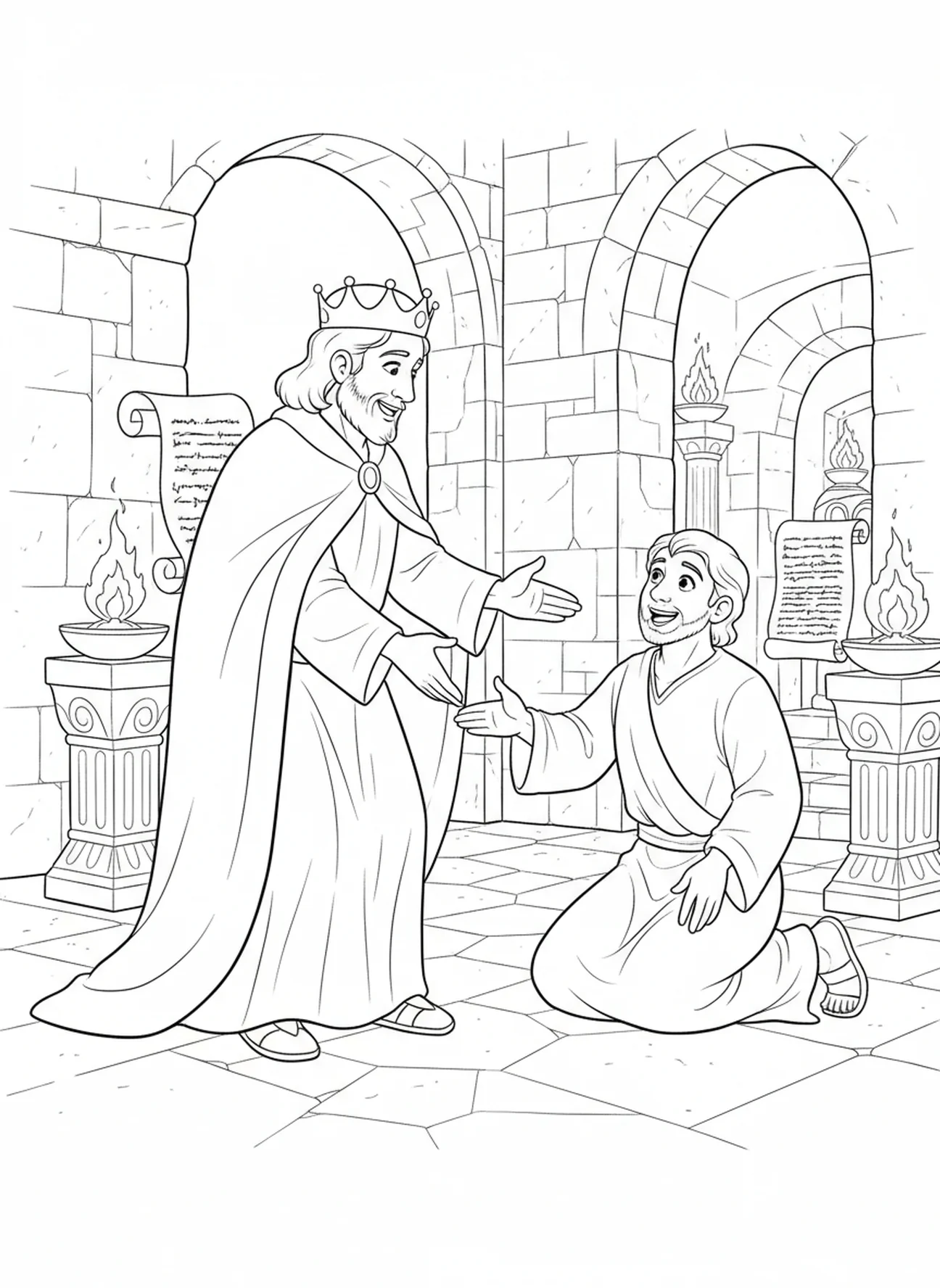 Serviteur recevant le pardon du roi, page à colorier du Serviteur Impitoyable pour les enfants de l'École du dimanche âgés de 5 à 12 ans