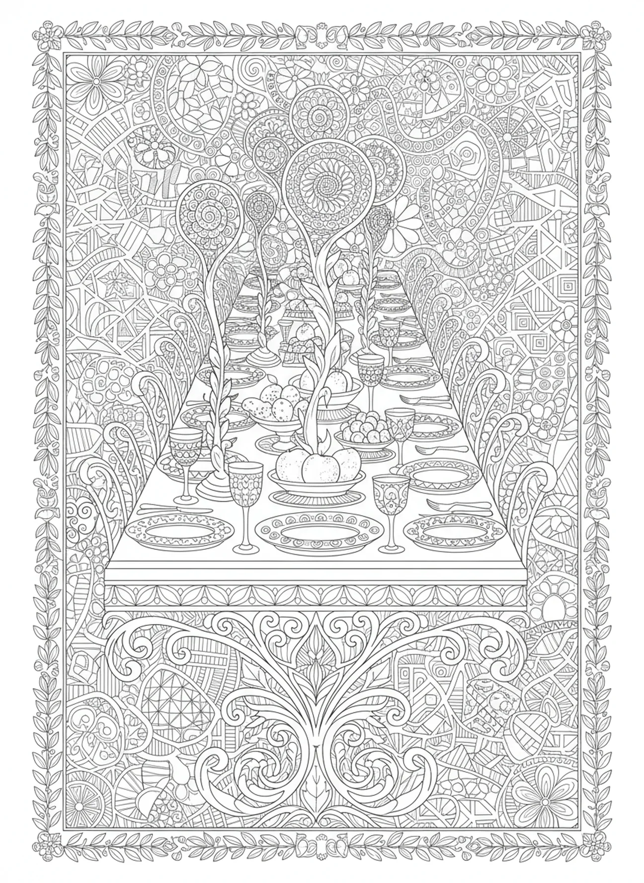 Larga mesa de banquete con copas, página para colorear de la Parábola de la Fiesta de Bodas en estilo de journaling bíblico para adultos.