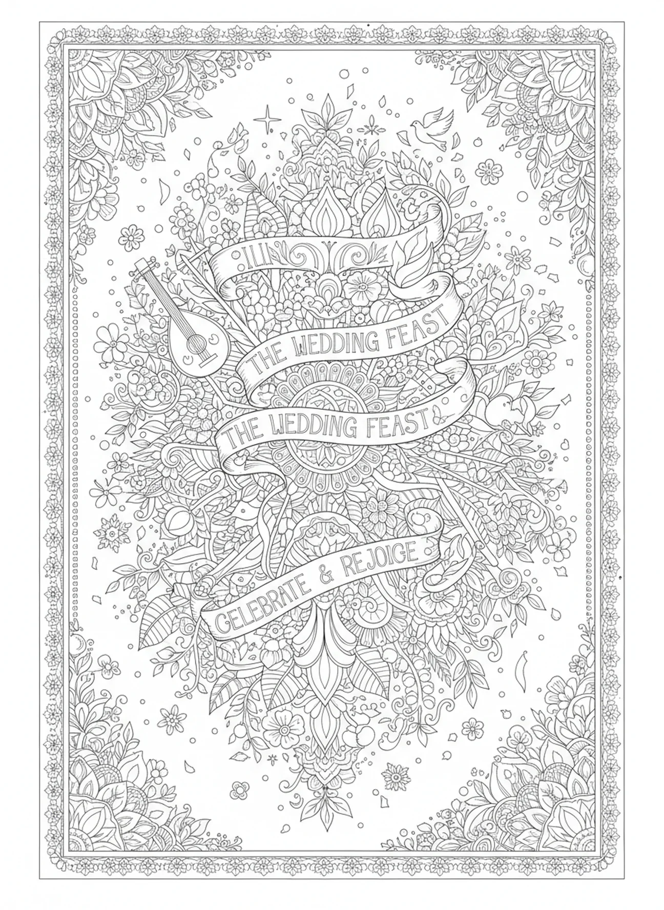 Escena de celebración alegre, página para colorear de la Parábola del Banquete de Bodas estilo journaling bíblico para adultos.