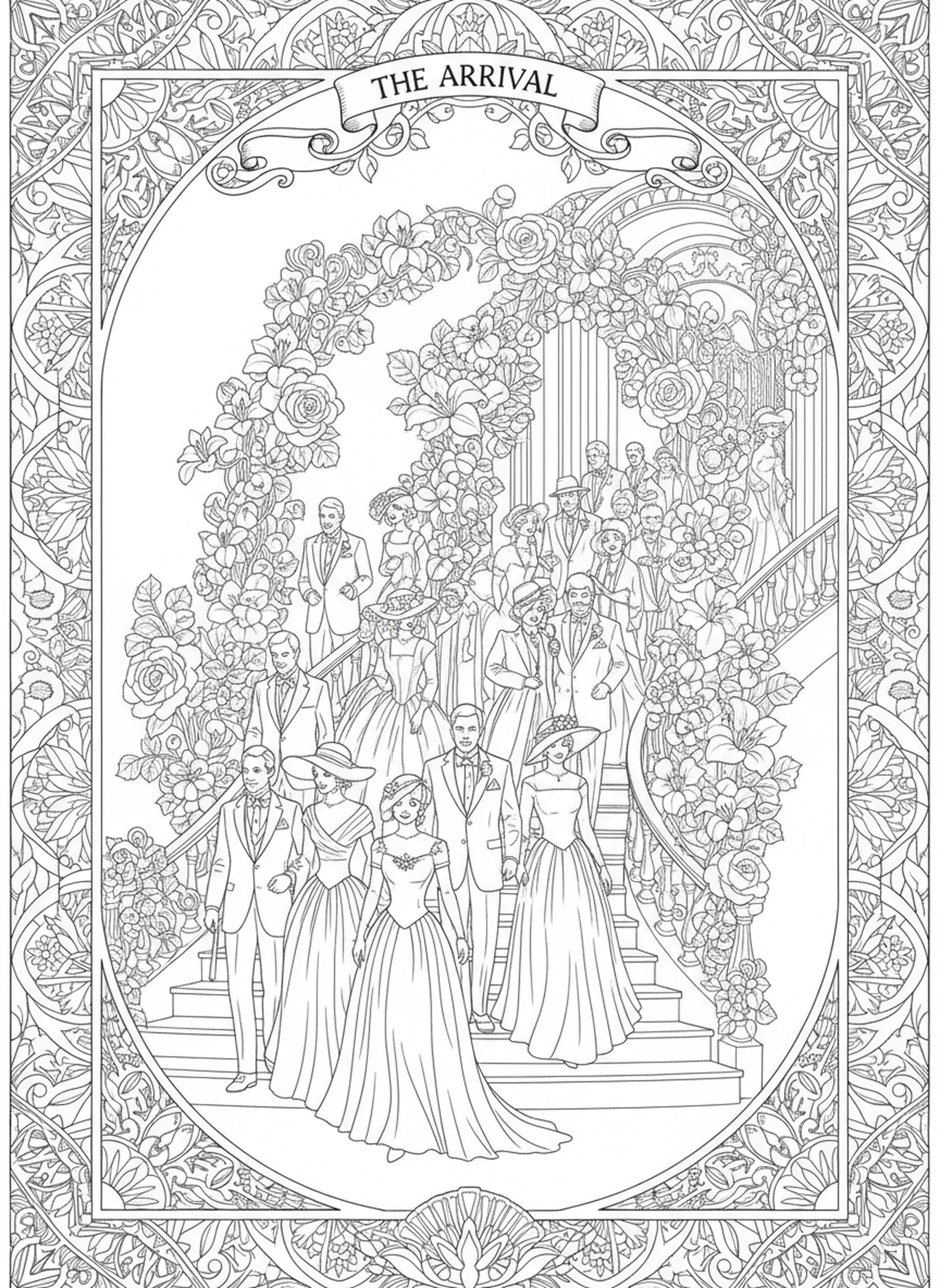 Invitados elegantemente vestidos, página para colorear de la Parábola del Banquete de Bodas en estilo de journaling bíblico para adultos.
