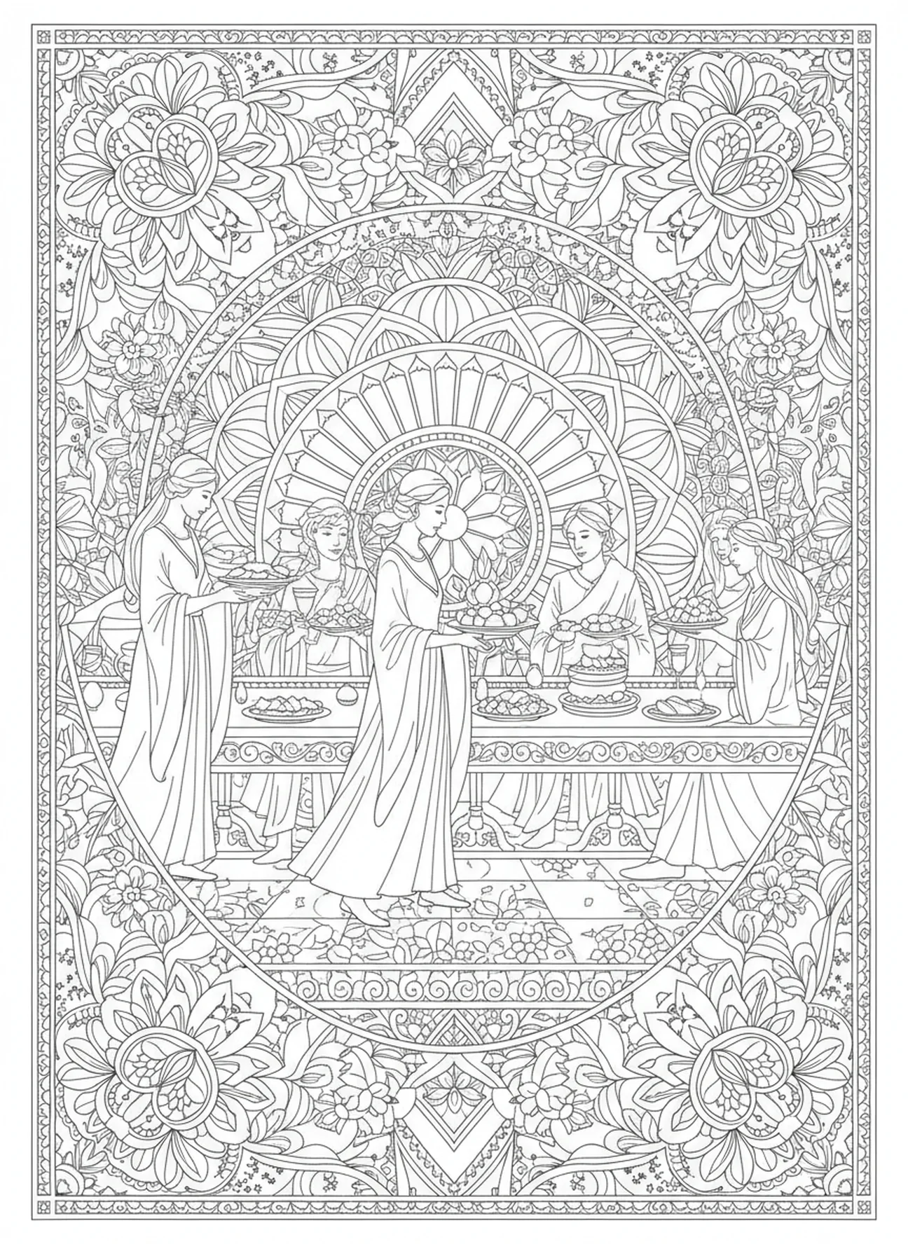 Siervos sirviendo comida de manera elegante, página para colorear de la Parábola del Banquete de Bodas en estilo de journaling bíblico para adultos.