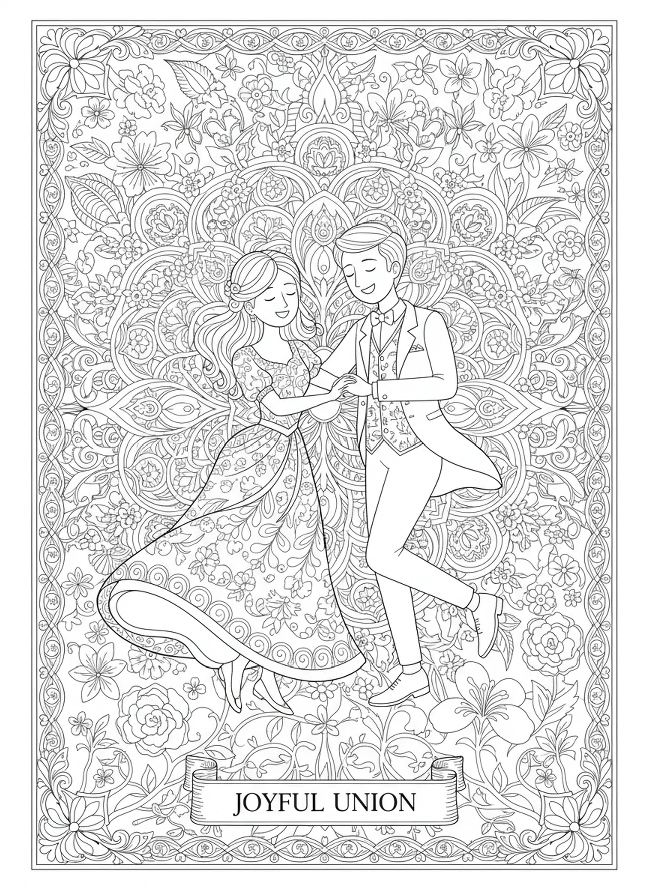 Parejas bailando con alegría, página para colorear de la Parábola del Banquete de Bodas en estilo de journaling bíblico para adultos.