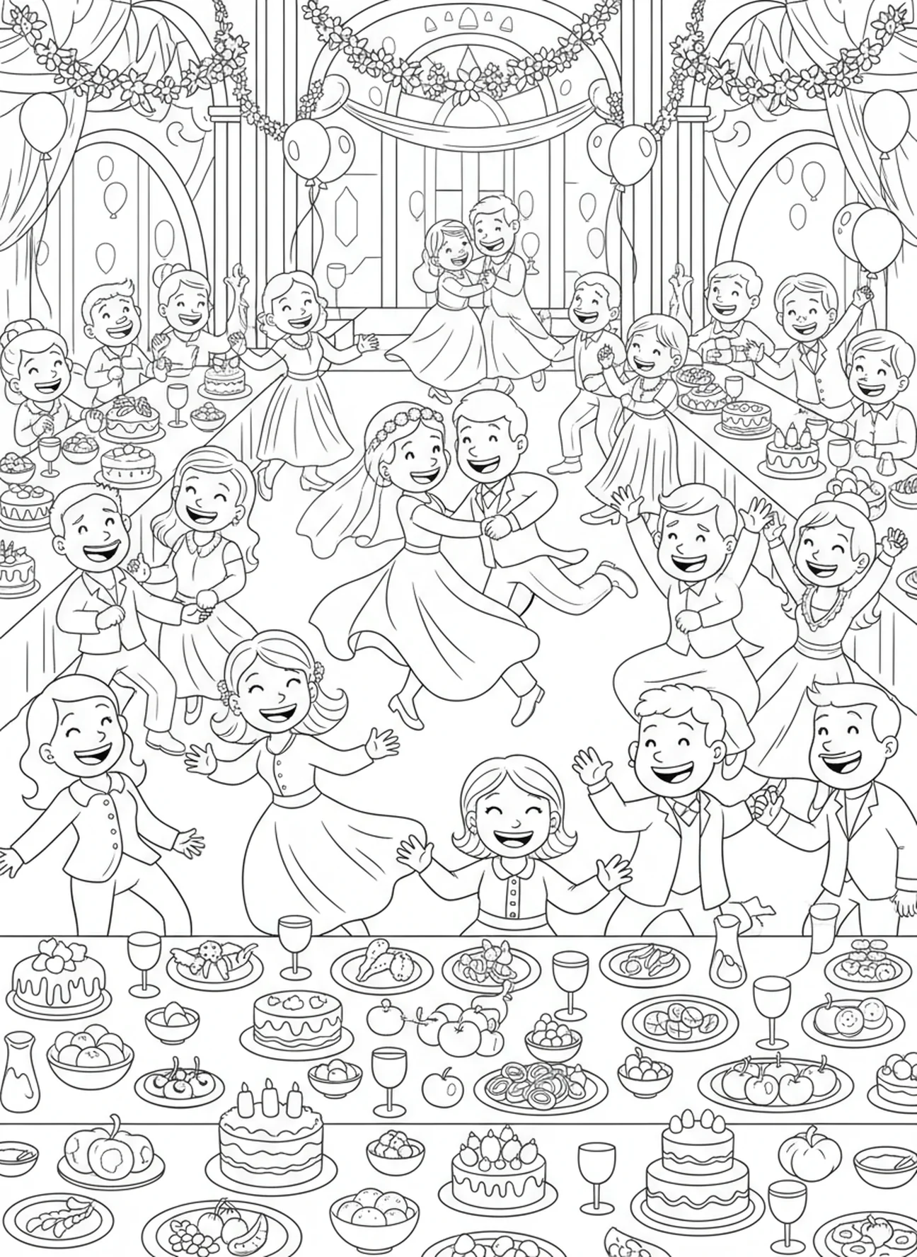 Célébration joyeuse au mariage, page à colorier sur la parabole du festin de noces pour les enfants de 5 à 10 ans.