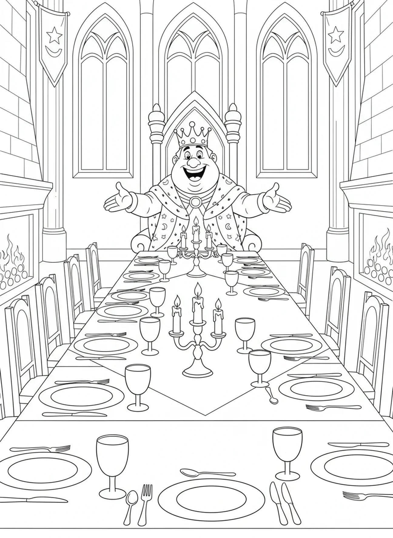 Table de banquet vide, page à colorier sur la parabole du festin de noces pour les enfants de 5 à 10 ans.