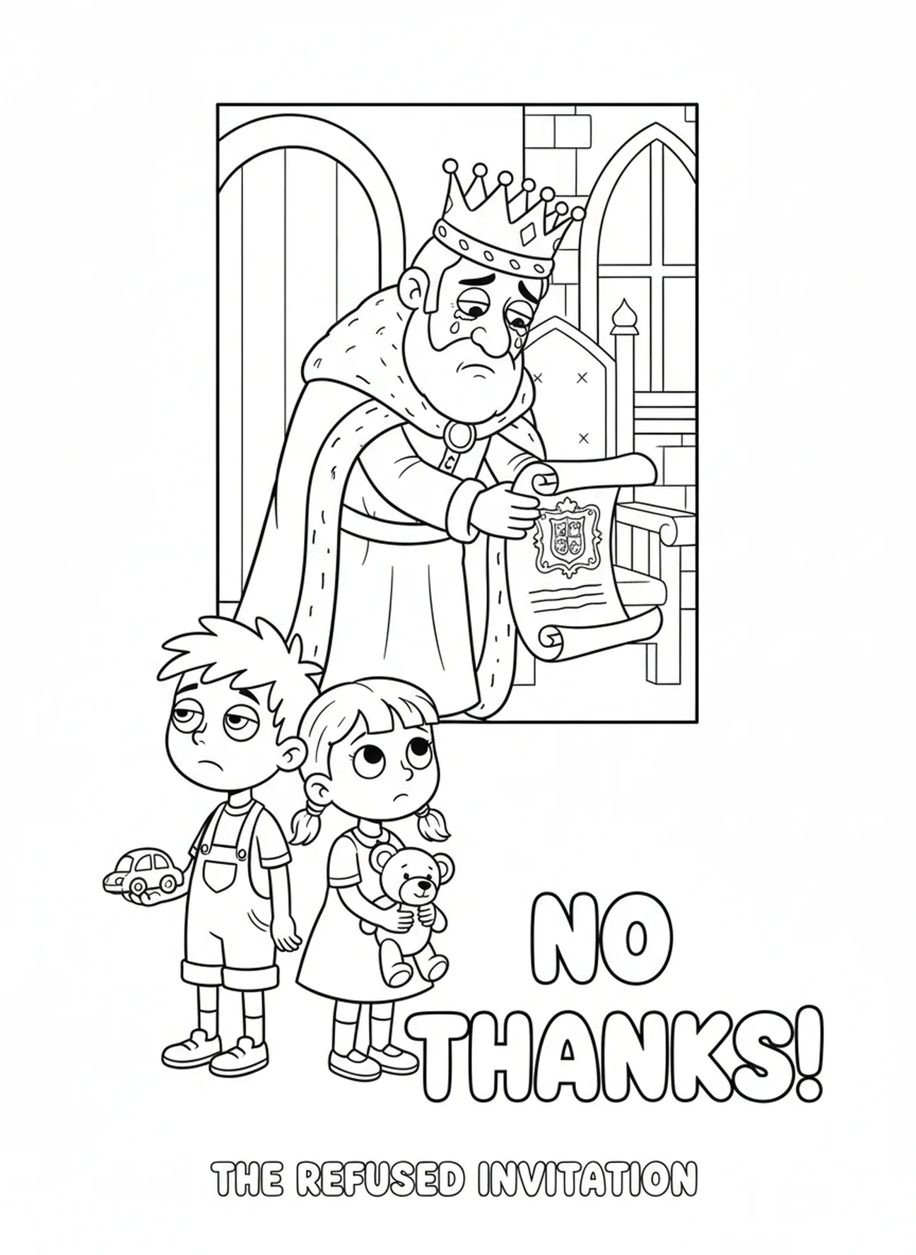 Roi triste et invités désintéressés, page à colorier sur la parabole du festin de noces pour enfants de 5 à 10 ans.