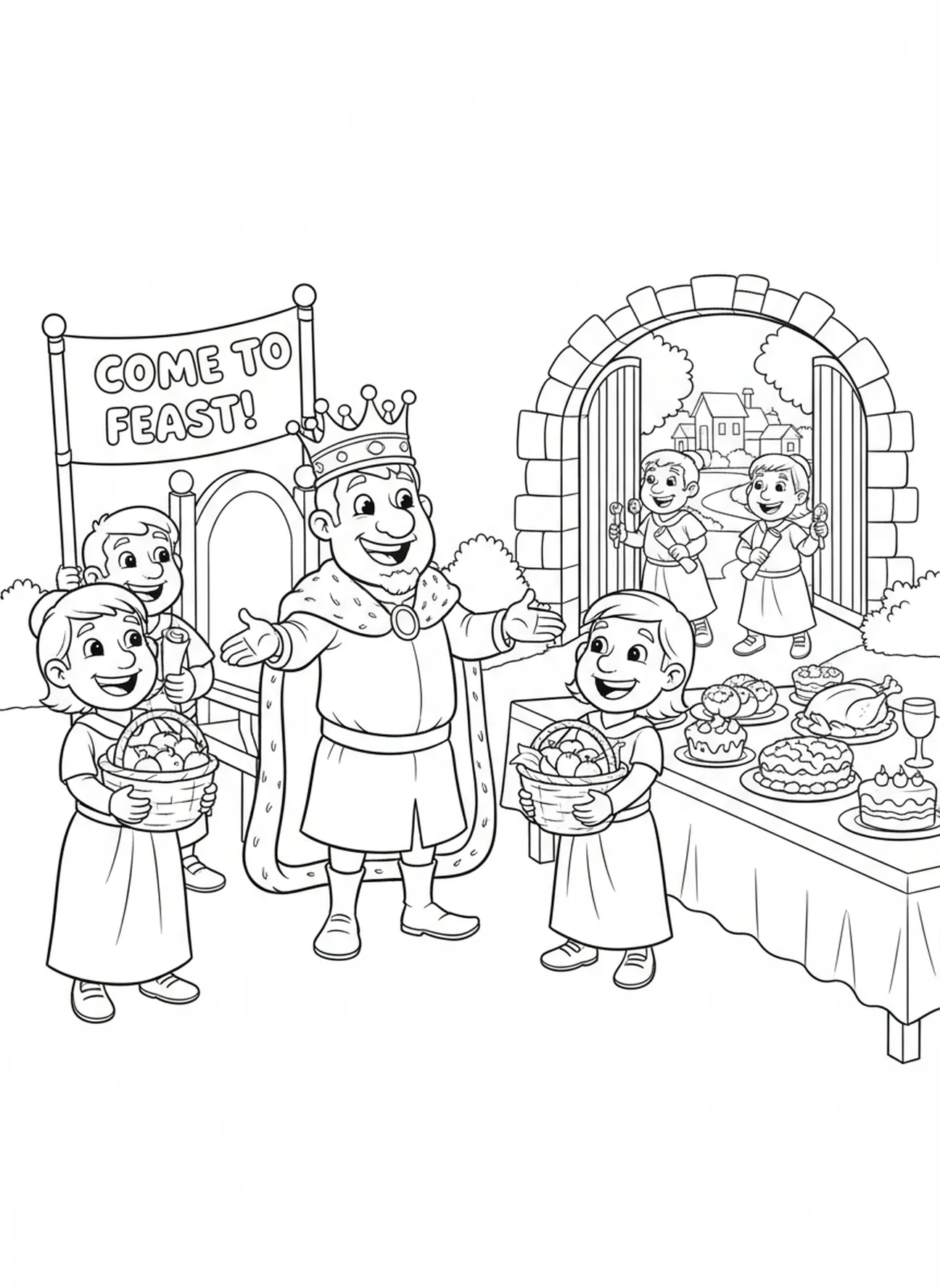 Roi joyeux et ses serviteurs, page à colorier sur la parabole du festin de noces pour les enfants de 5 à 10 ans.