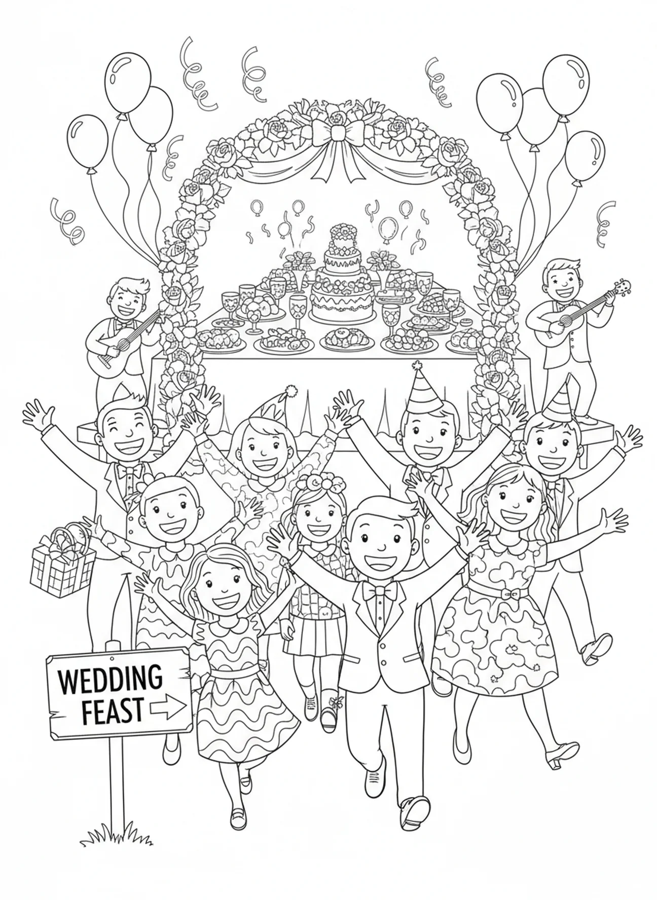 Nouveaux invités enthousiastes, page à colorier sur la parabole du festin de noces pour les enfants de 5 à 10 ans.