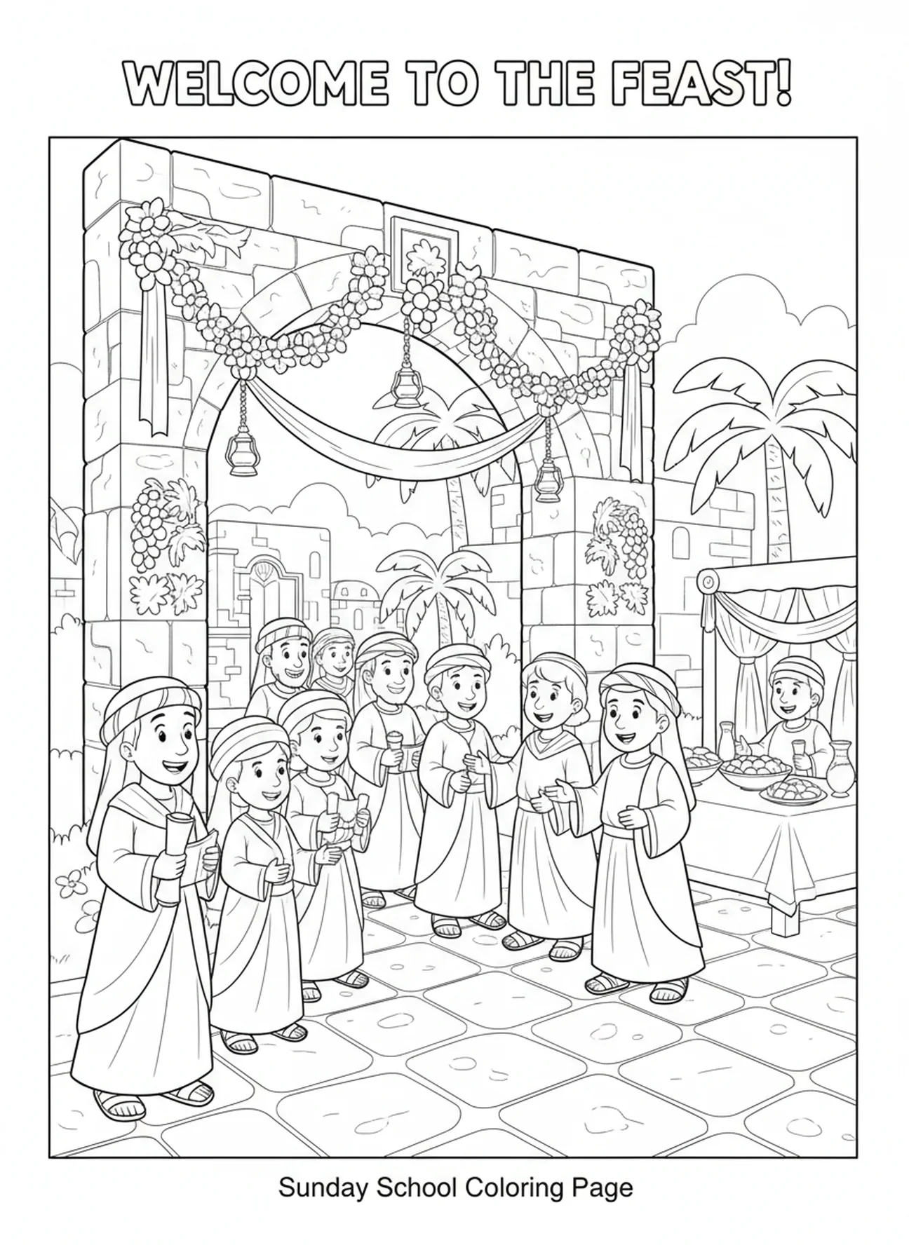 Convidados animados chegando à festa, página de colorir da Parábola das Bodas para crianças de 5 a 12 anos na Escola Dominical.
