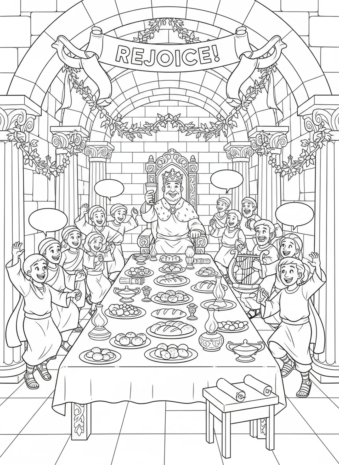Cena alegre de celebração de casamento, página para colorir da Parábola do Banquete de Casamento para crianças da Escola Dominical de 5 a 12 anos.