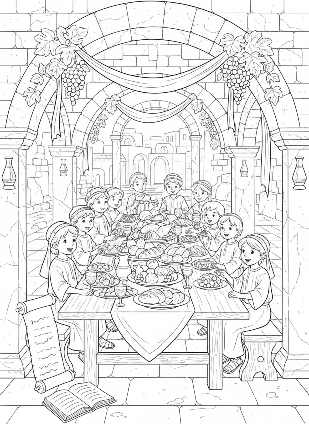 Cena de preparação do banquete de casamento, página para colorir da Parábola do Banquete de Casamento para crianças de 5 a 12 anos na Escola Dominical.