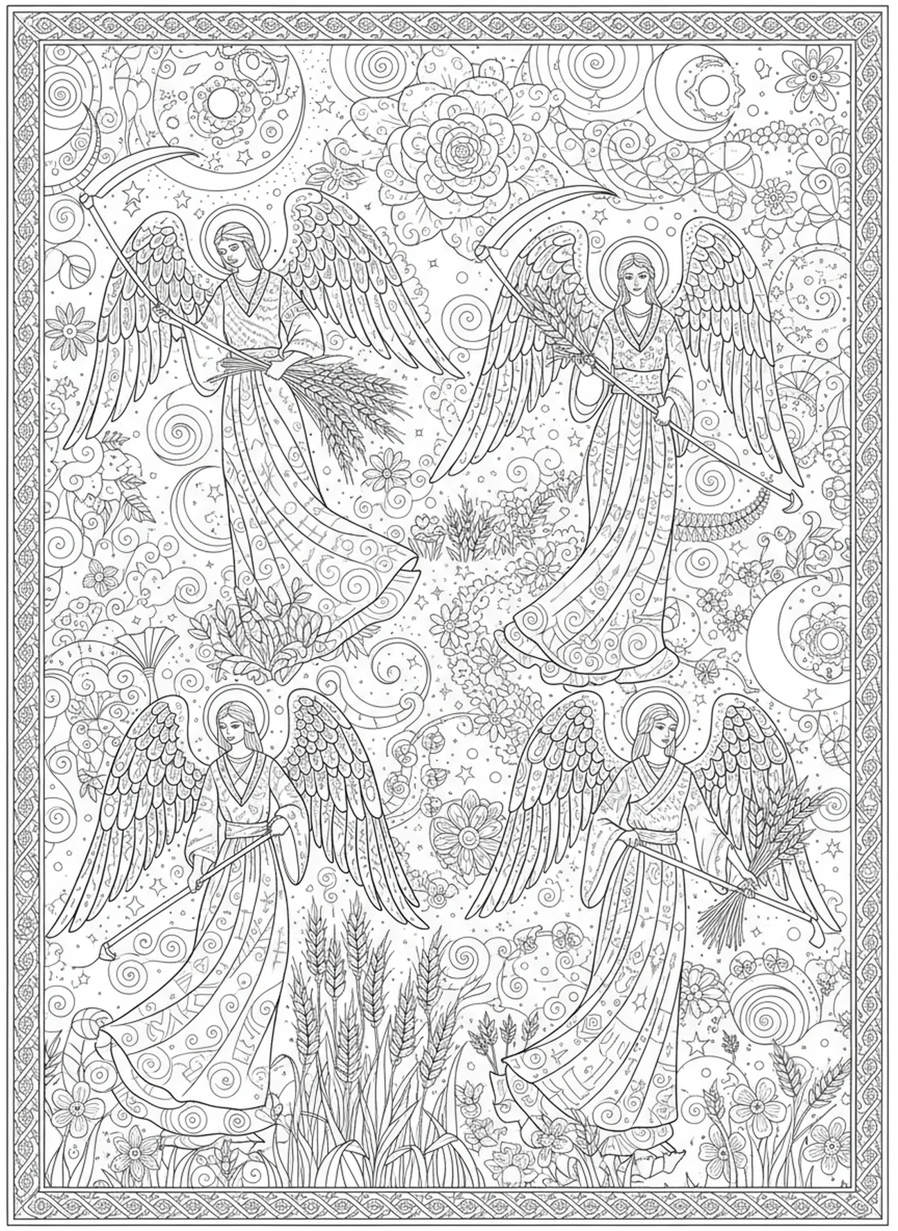 Anges moissonnant le blé, page à colorier Blé et IVRAIES pour adultes dans un style de journal biblique.