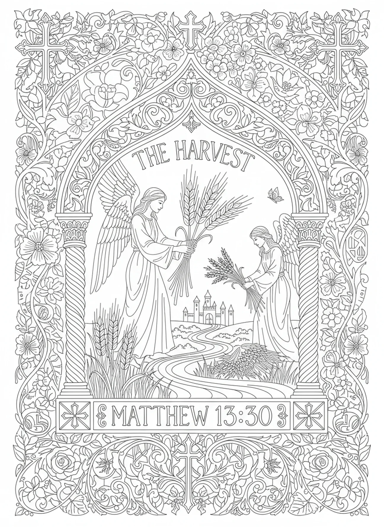 Scène du jugement final du blé et de l'ivraie, page à colorier Blé et Ivraie pour adultes dans un style de journal biblique.