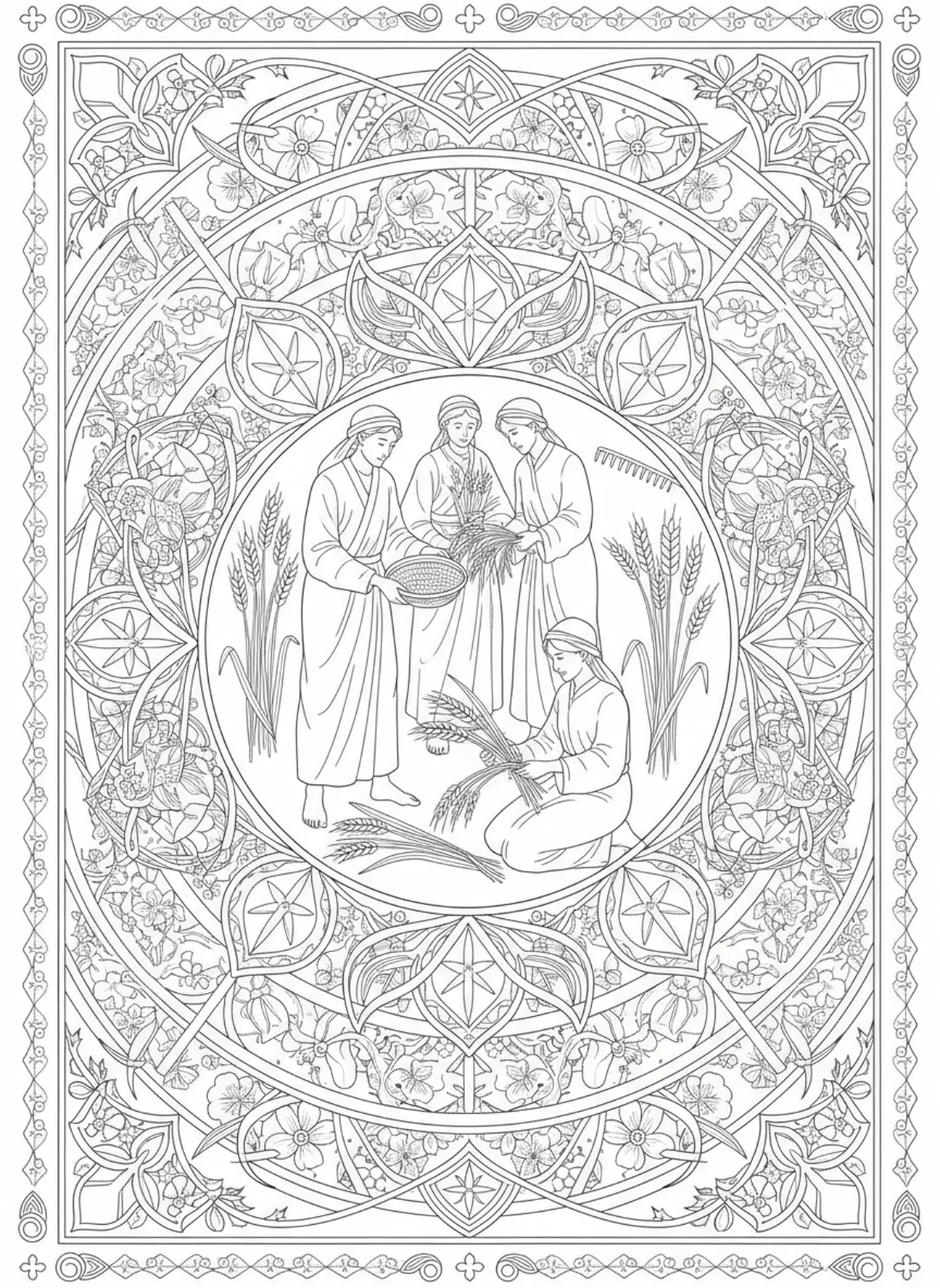 Moissonneurs séparant le blé des ivraies, page à colorier Blé et Ivraies pour adultes dans un style de journal biblique.