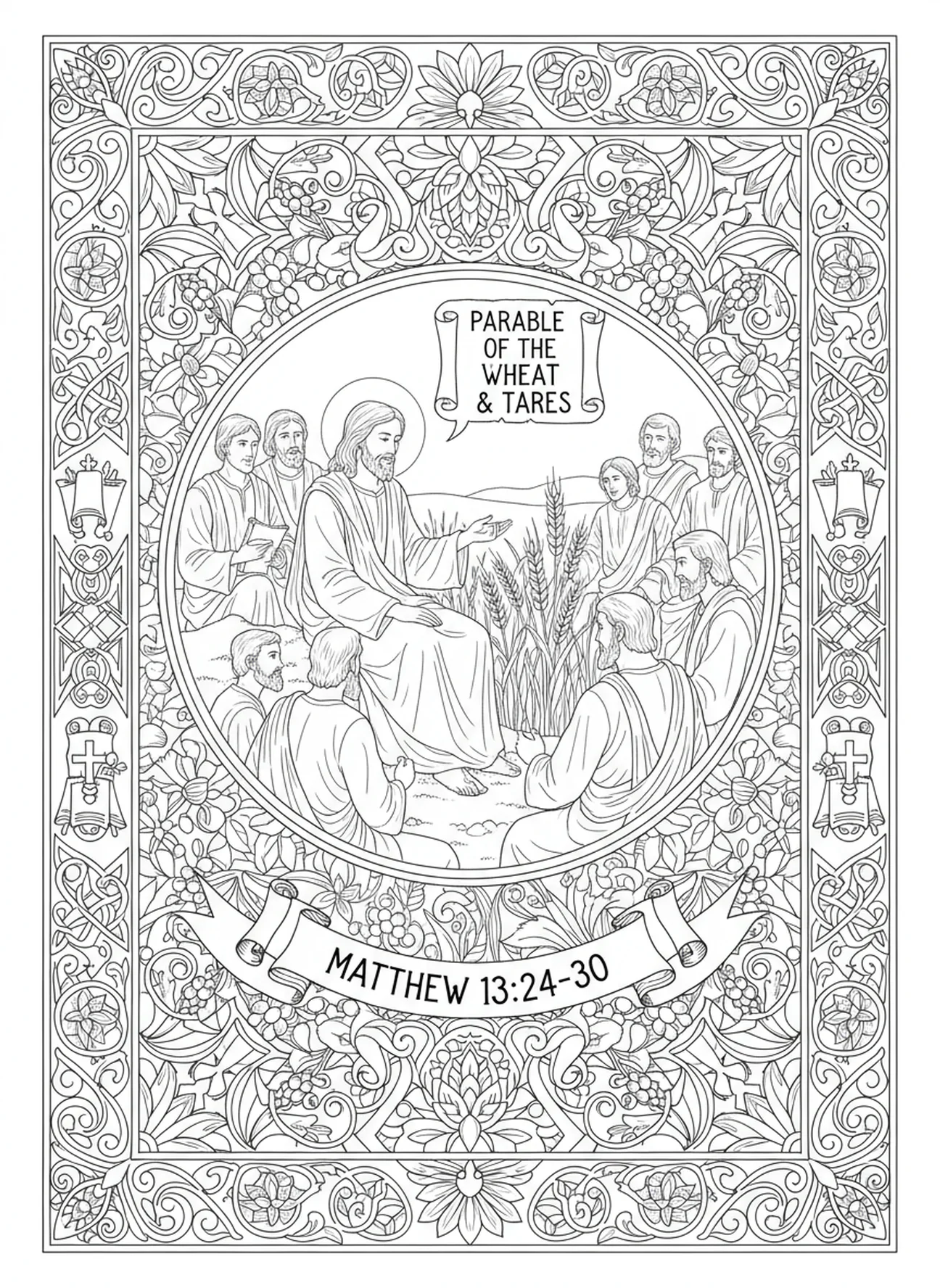 Jésus enseignant la parabole du bon grain et de l'ivraie, page à colorier Bon Grain et Ivraie pour le journal biblique des adultes.
