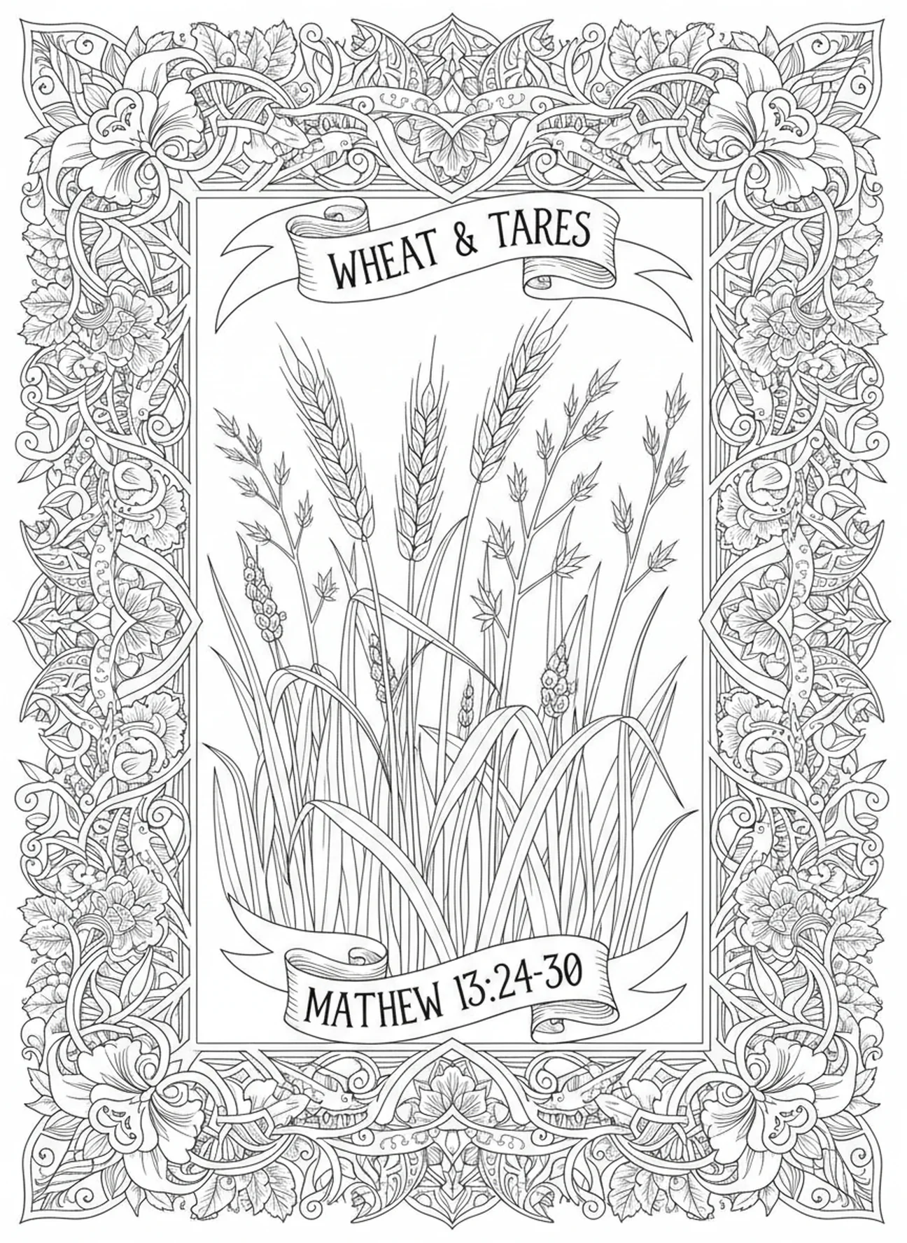 Blé et ivraie poussant ensemble, page à colorier Blé et Ivraie pour adultes dans un style de journal biblique.