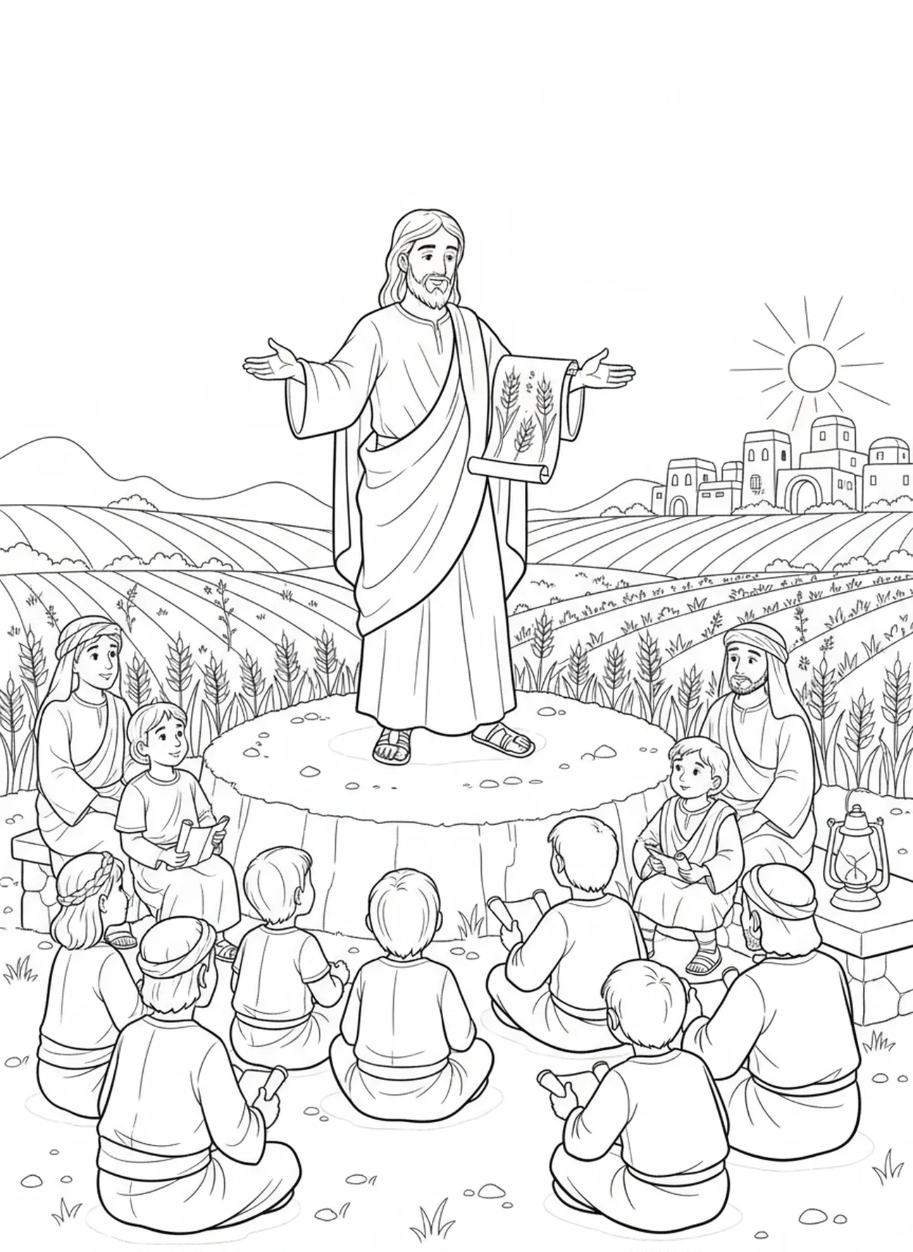 Jesús enseñando sobre el trigo y la cizaña, página para colorear de Trigo y Cizaña para niños de Escuela Dominical de 5 a 12 años.