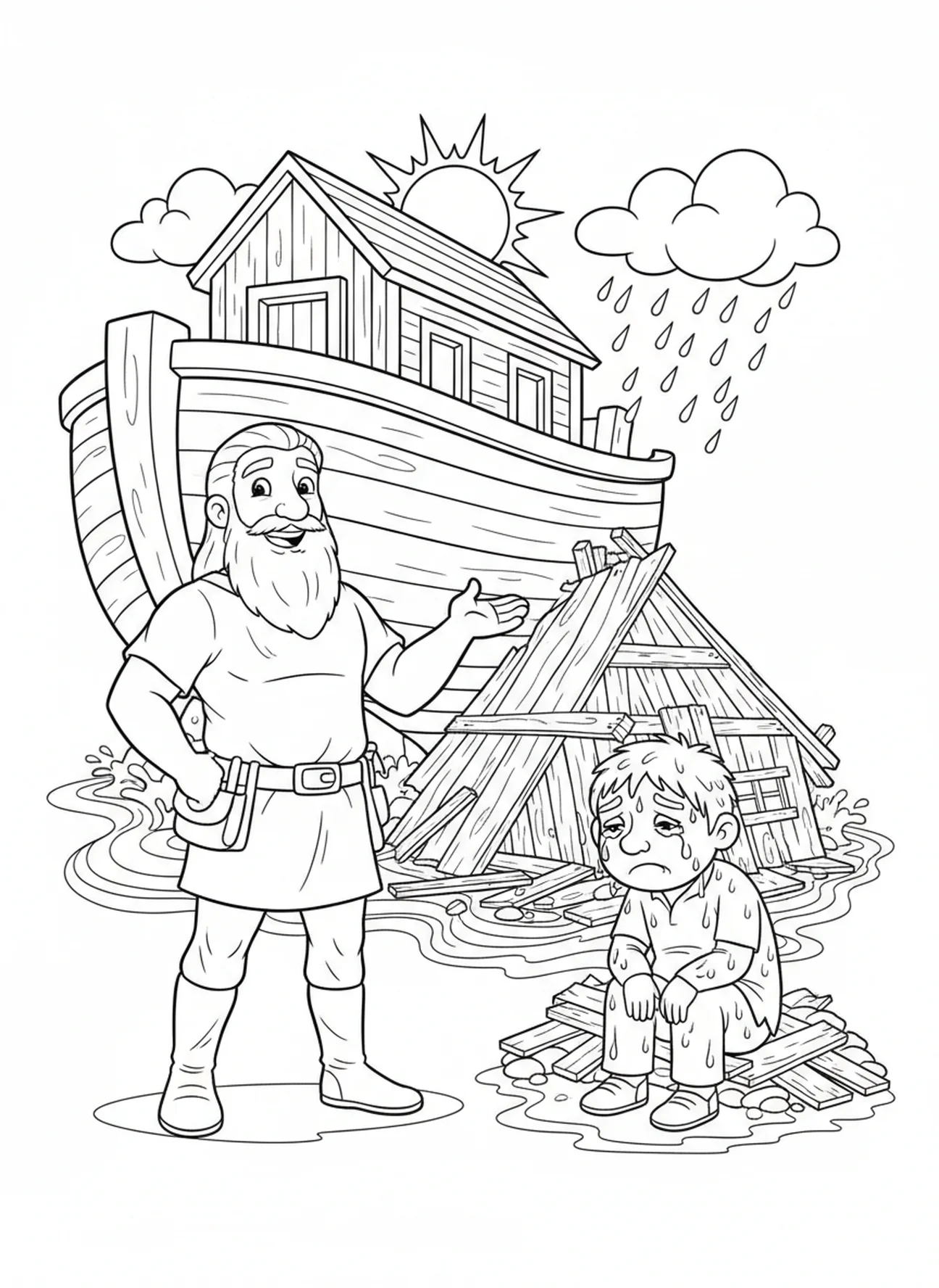 Weiser Bauherr neben der Arche, Ausmalbild Weiser und Torichter Bauherr für Kinder im Alter von 5-10 Jahren