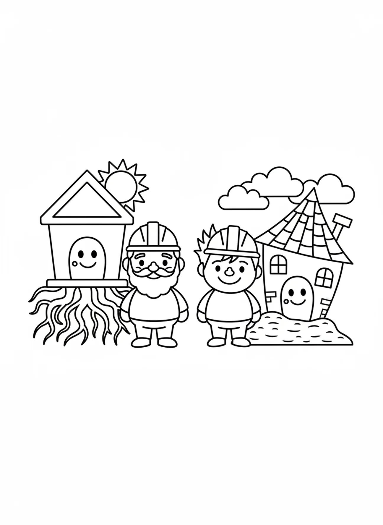 Zwei lächelnde Bauarbeiter, Ausmalbild der klugen und törichten Bauherren für Vorschulkinder im Alter von 3-5 Jahren